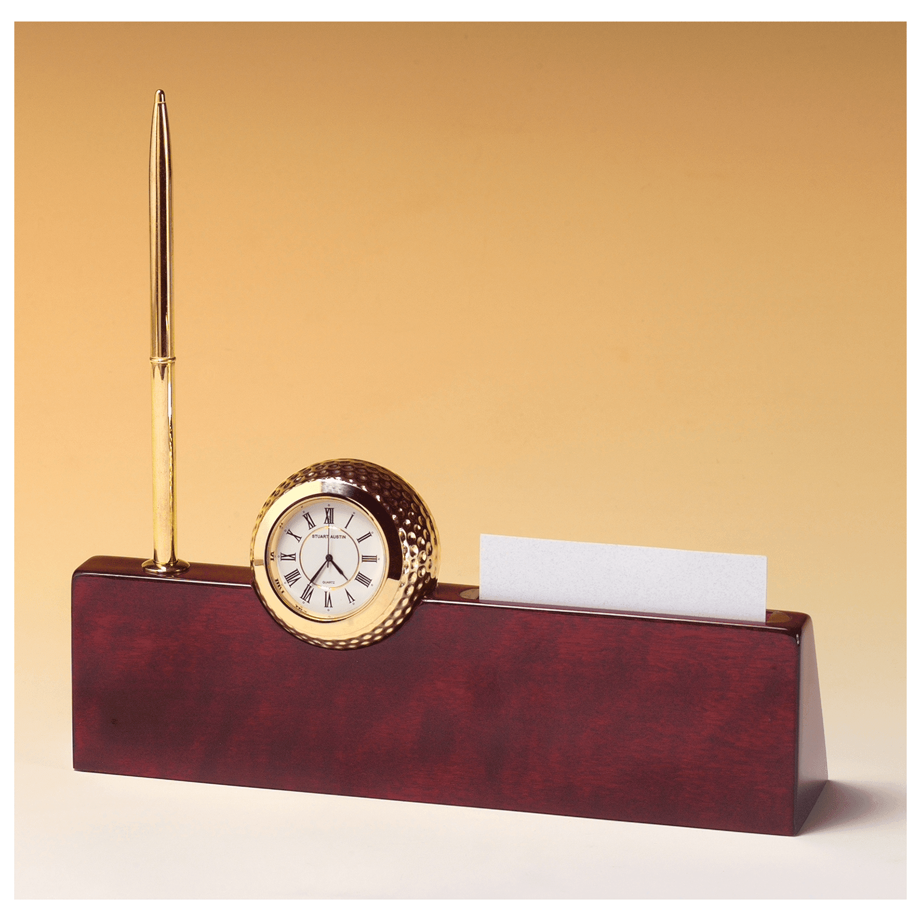9" x 9" x 2 1/4" Gold Metal Golfball Clock on Rosewood Piano Nameplate, Business Card Holder, Pen