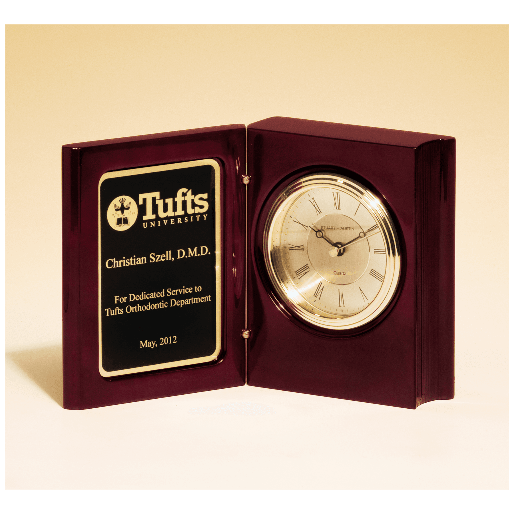 5 3/8" x 4 1/4" Rosewood Piano Finish Book Clock w/Diamond Spun Dial, 3 Hand Movement, Plate