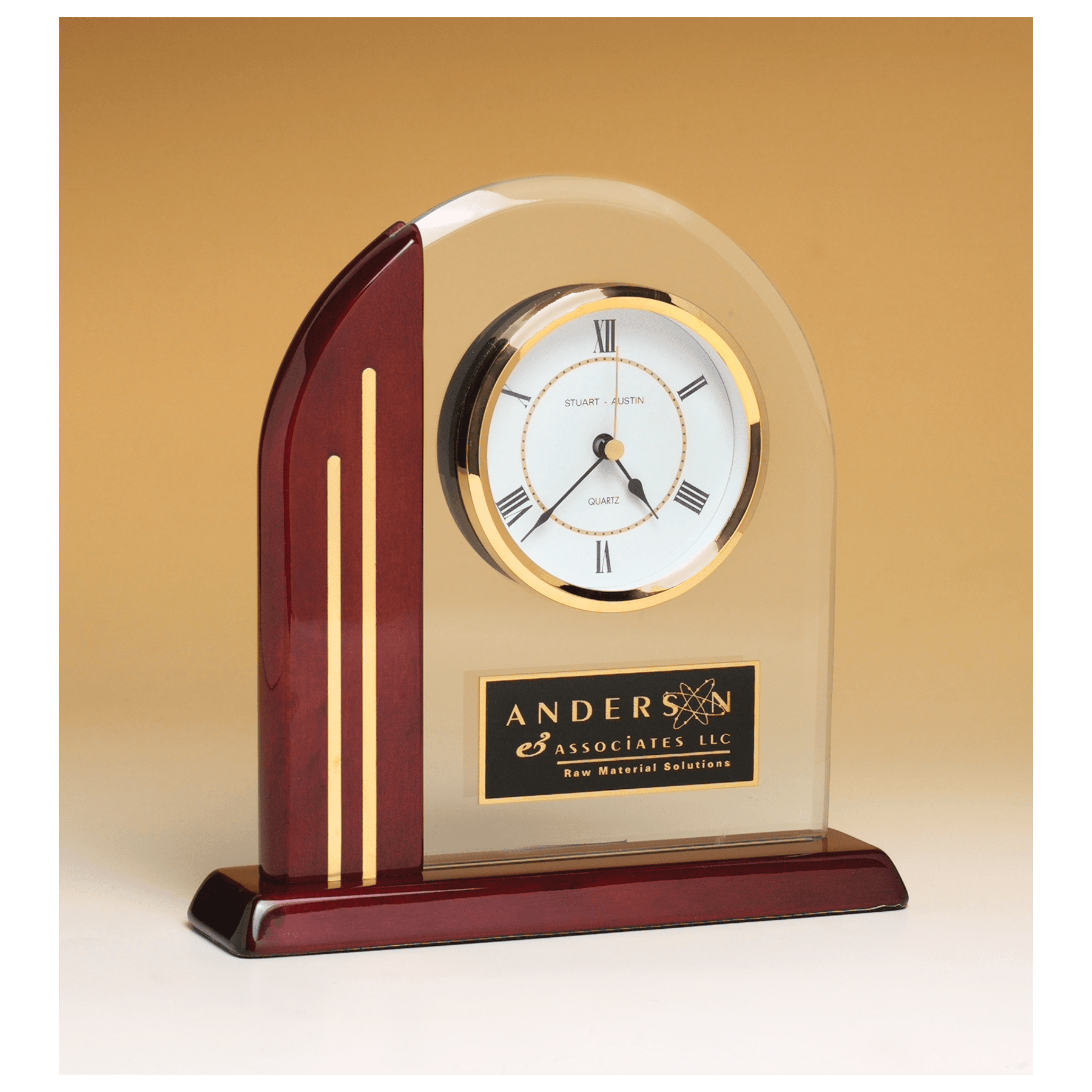 7 1/2" x 7 7/8" Arch Clock with Glass Upright and Rosewood Piano Finish Post and Base with Plate