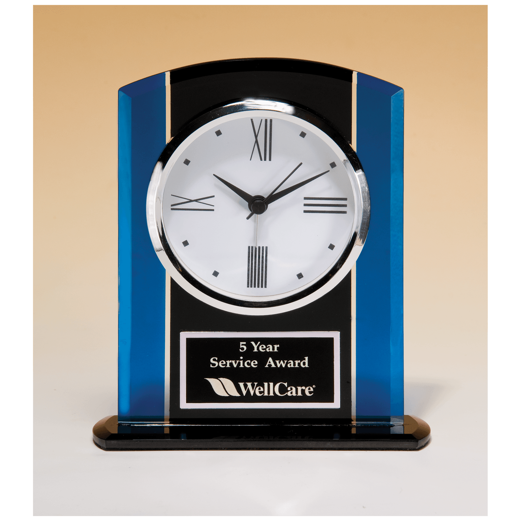 5 1/4" x 6 1/4" Black & Blue Glass Clock, Silver Bezel, Three Hand Movement with Black Plate
