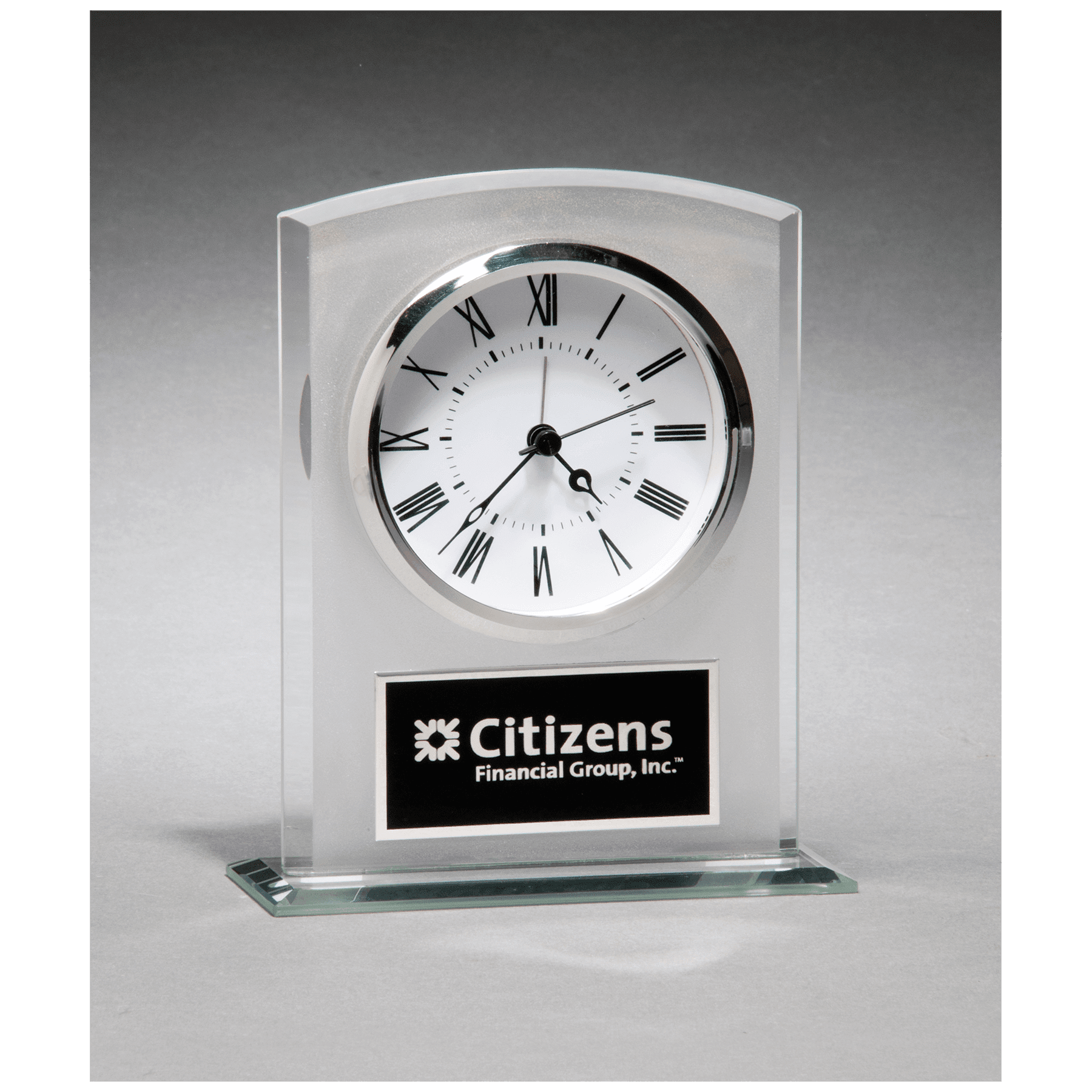 5" x 6 1/4" Glass Clock with Frosted Top, Polished Edge and Base with Black Plate