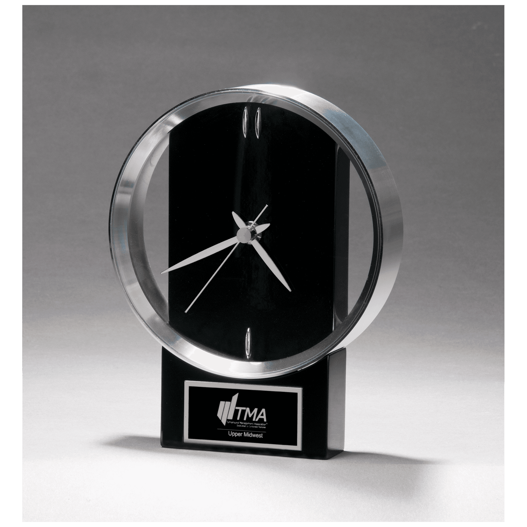 5 5/8" x 7 3/4" Modern Design Clock with Brushed Silver Bezel, Black High Gloss Base, Black Plate