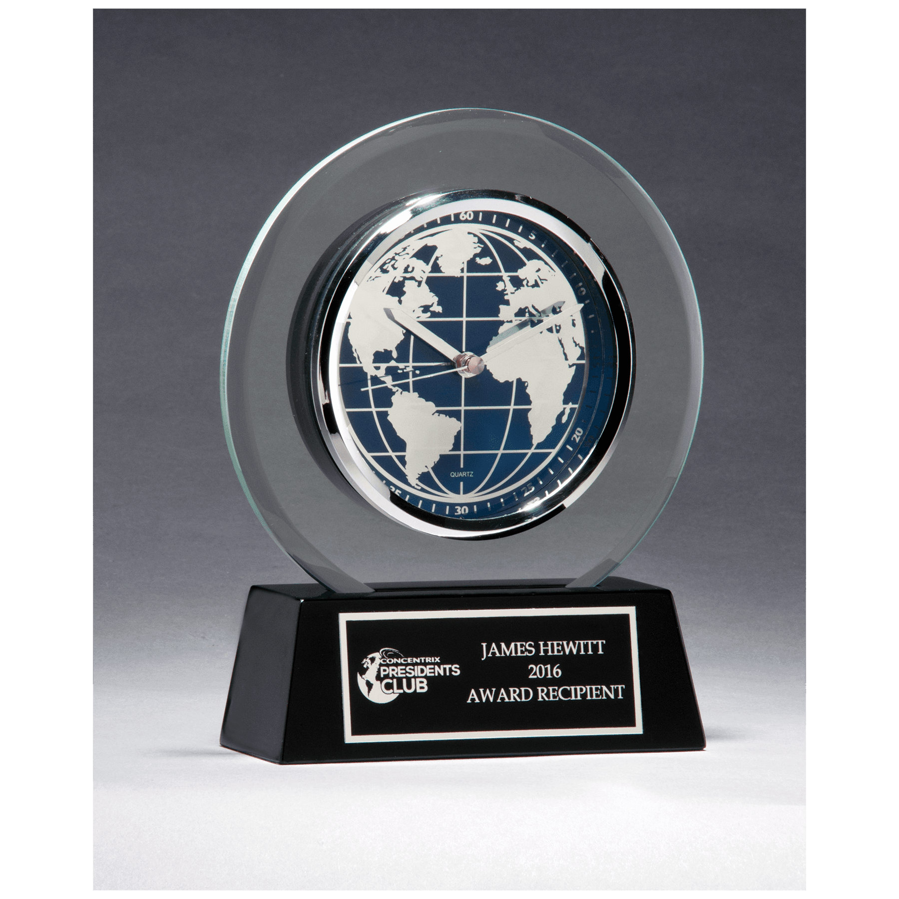 7 1/4" x  8 3/4" Glass Clock with World Dial on Black High Gloss Base, Black Plate