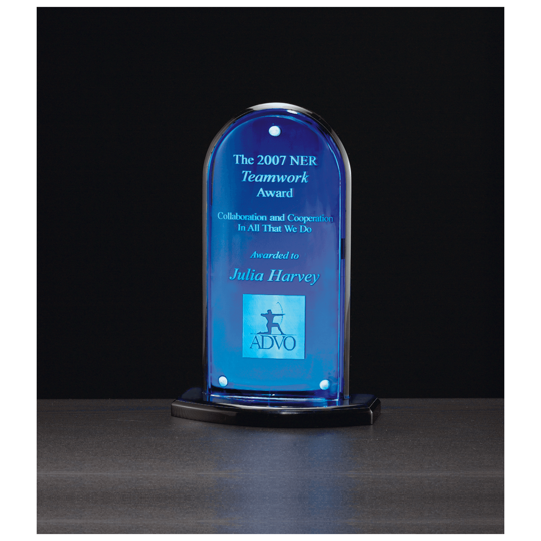 5" x 8" Arch Series Acrylic, Blue Mirror Upright, Black Base with Convex Acrylic Front