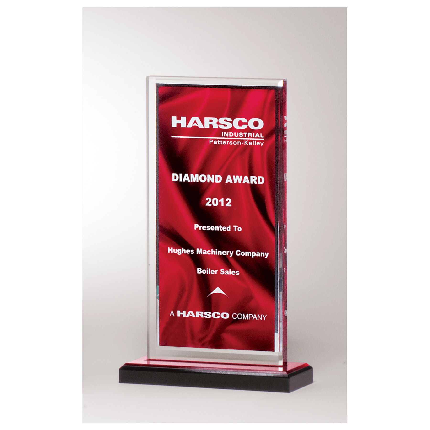 5 x 8 1/2" Deep Red Draped Satin Patterned Acrylic with Silver Mirror Border, Black with Red Top Base