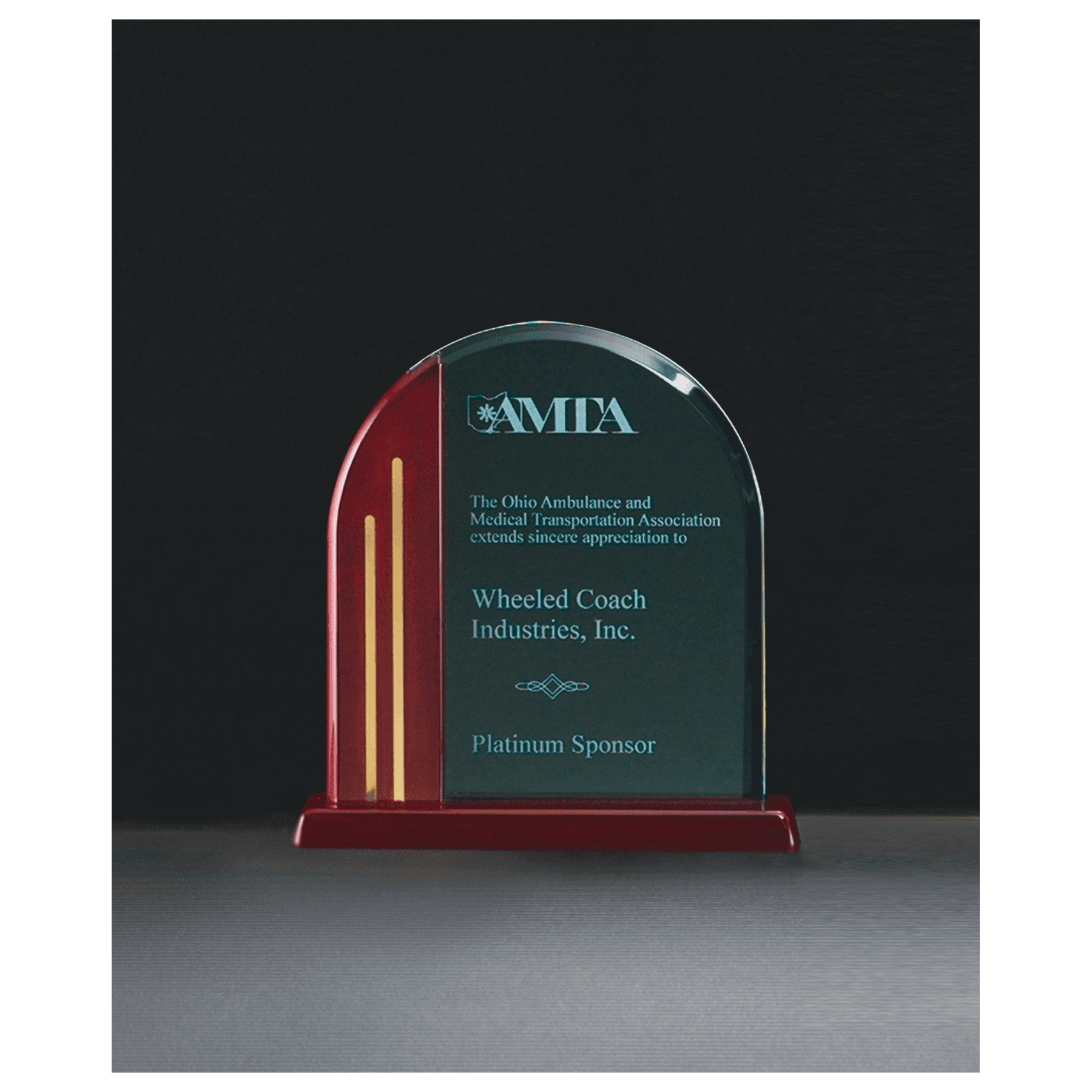 7 1/2" x 7 7/8" Arch Series Jade Acrylic with Rosewood Piano Finish Base, Gold Metal Accents