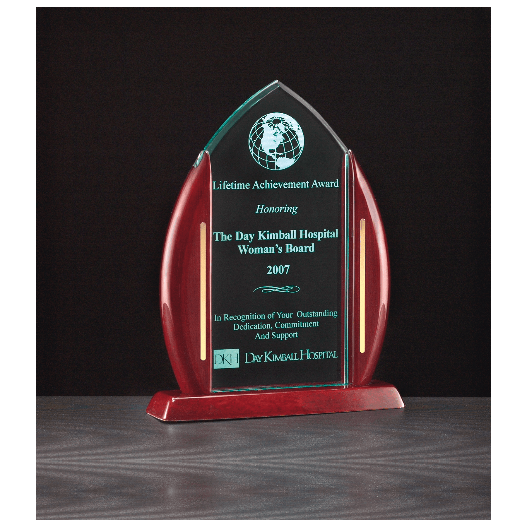 7 1/2" x 9 5/8" Flame Jade Acrylic with Rosewood Piano Finish Base and Posts, Gold Metal Accents