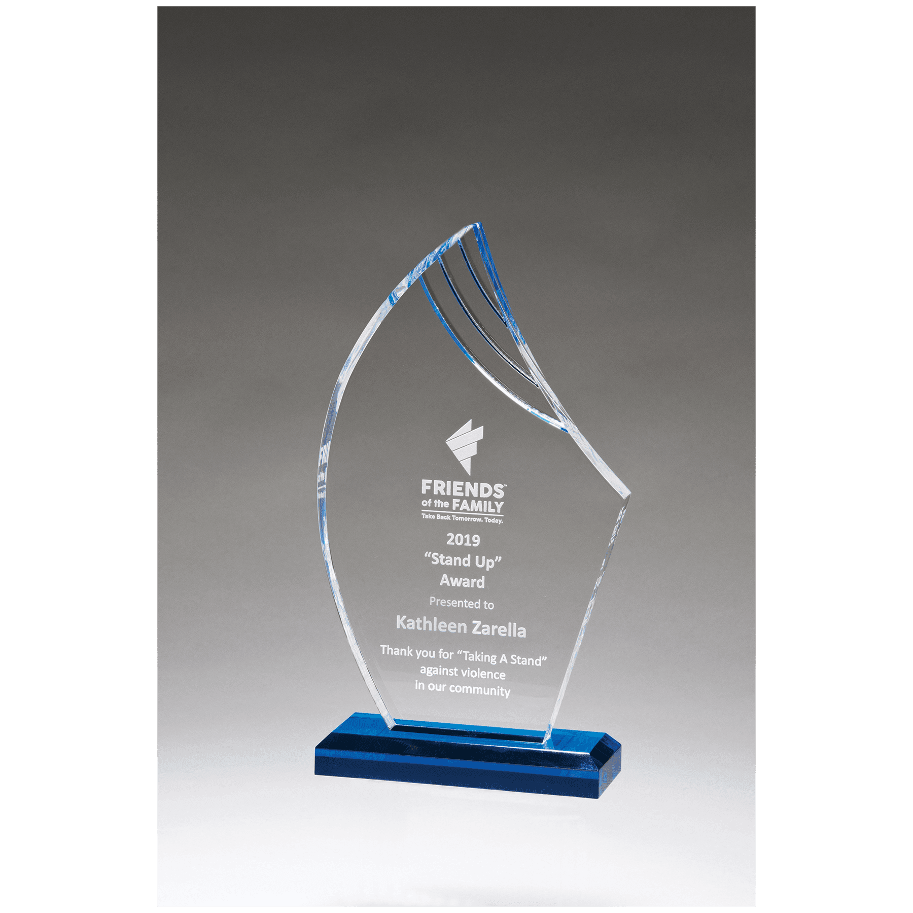 4 1/4" x 7 3/4" Flame Series Clear Acrylic with Blue Accents and Matching Blue Acrylic Base