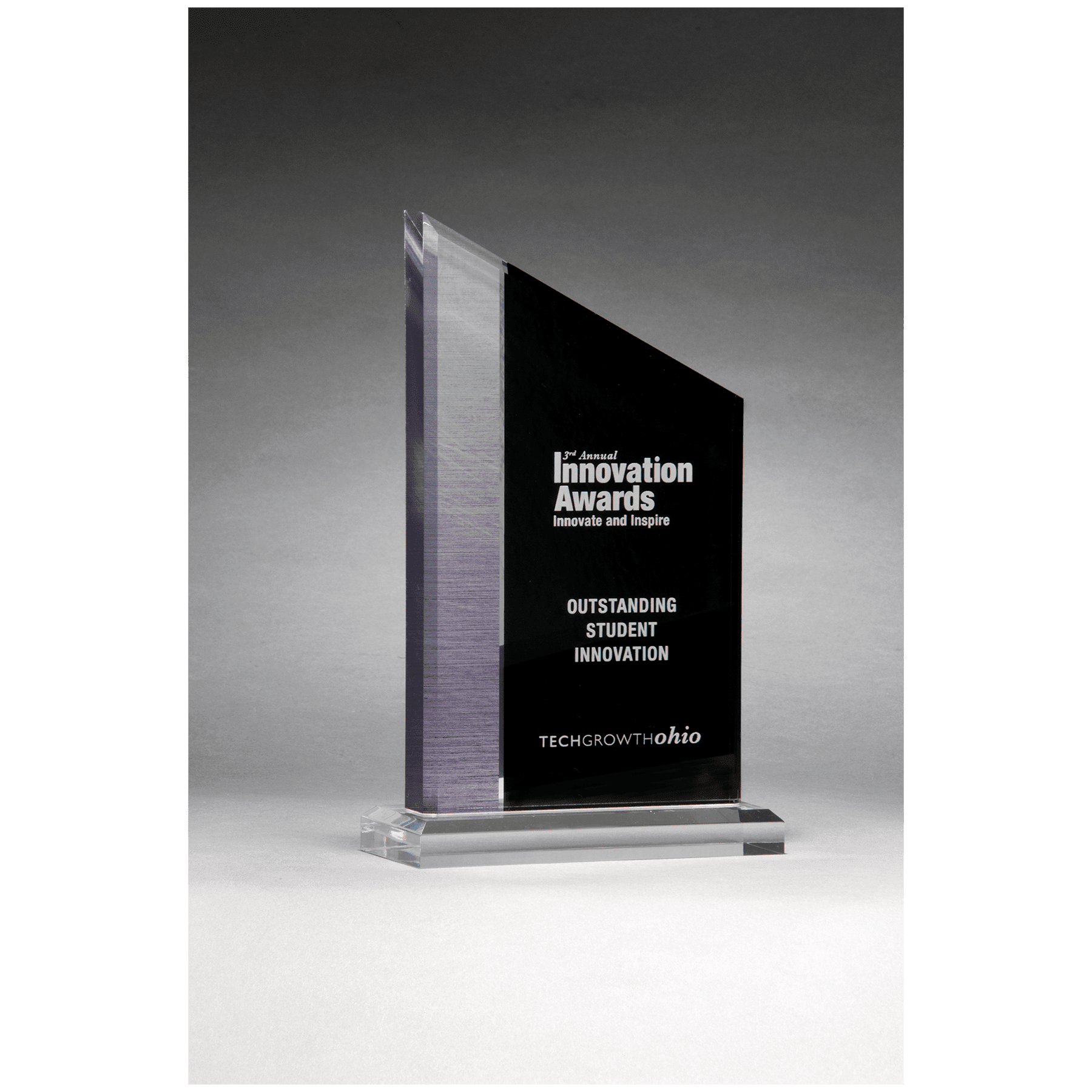 6" x 9" Digitally Printed Brushed Silver Accent on Black Upright Acrylic with Clear Base