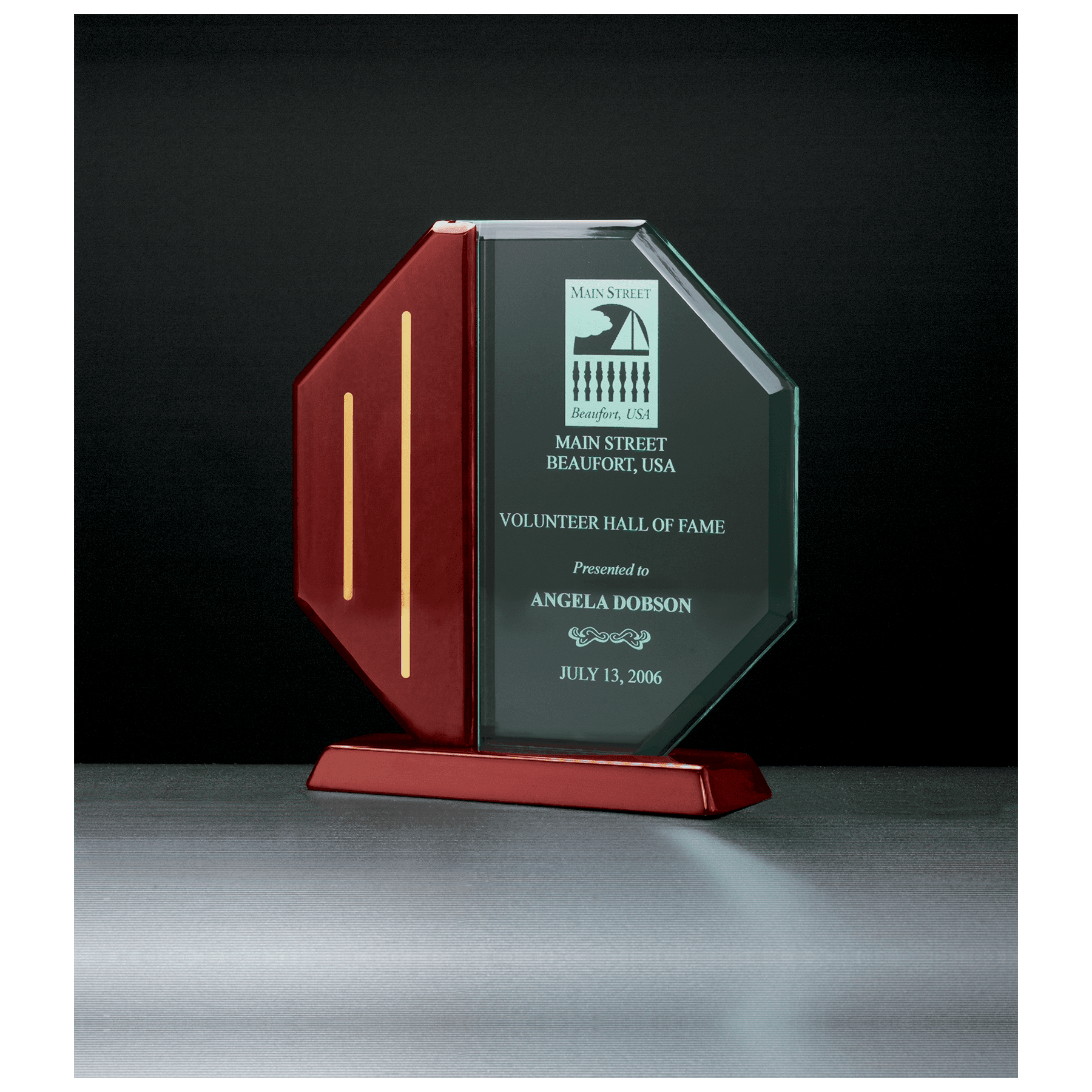 9 1/4" x 9 5/8" Octagon Series Acrylic Rosewood Piano Finish Base and Post with Gold Metal Accents