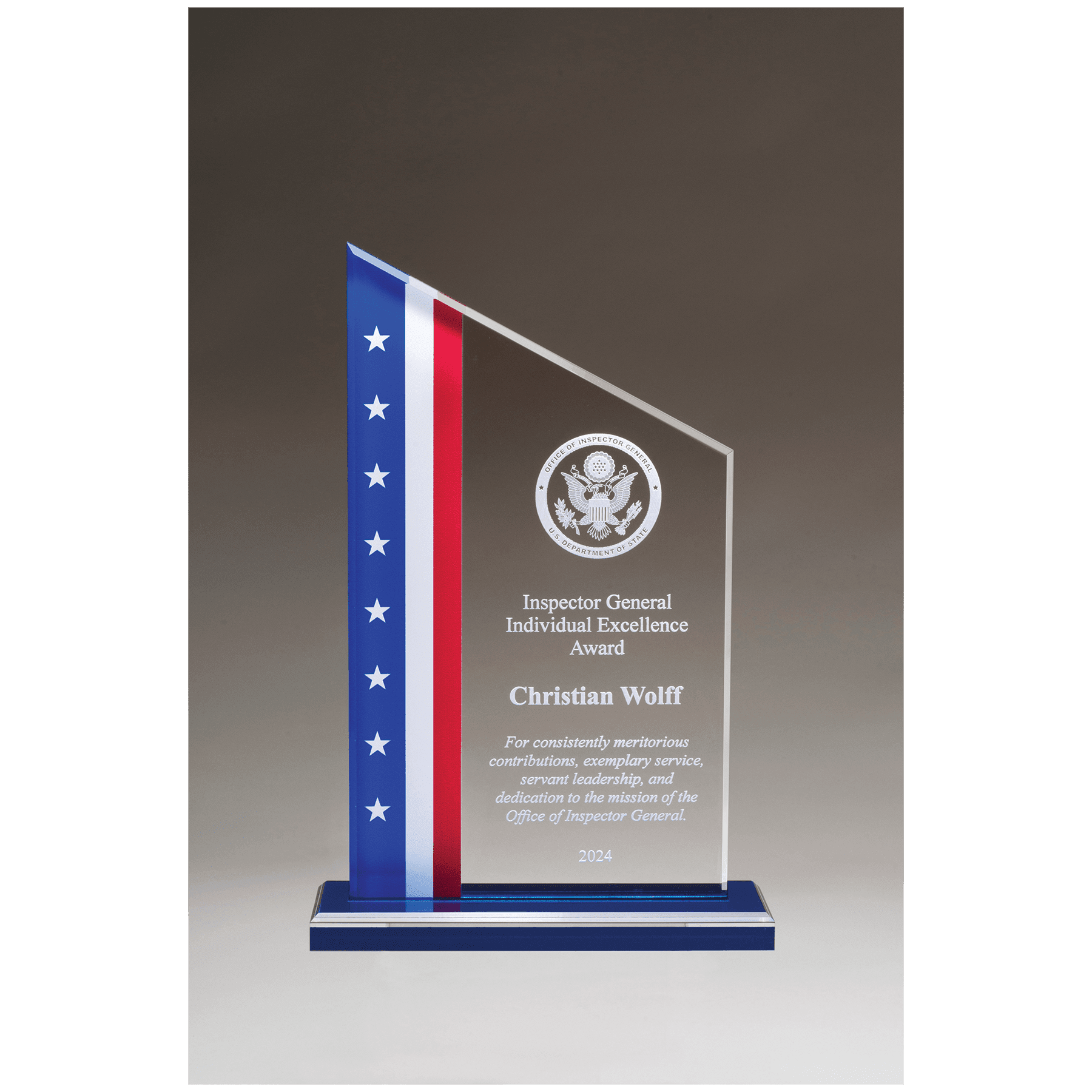 6 3/8" x 9 3/4 " Zenith Series Acrylic with American Flag Design, Blue Mirror Top Base