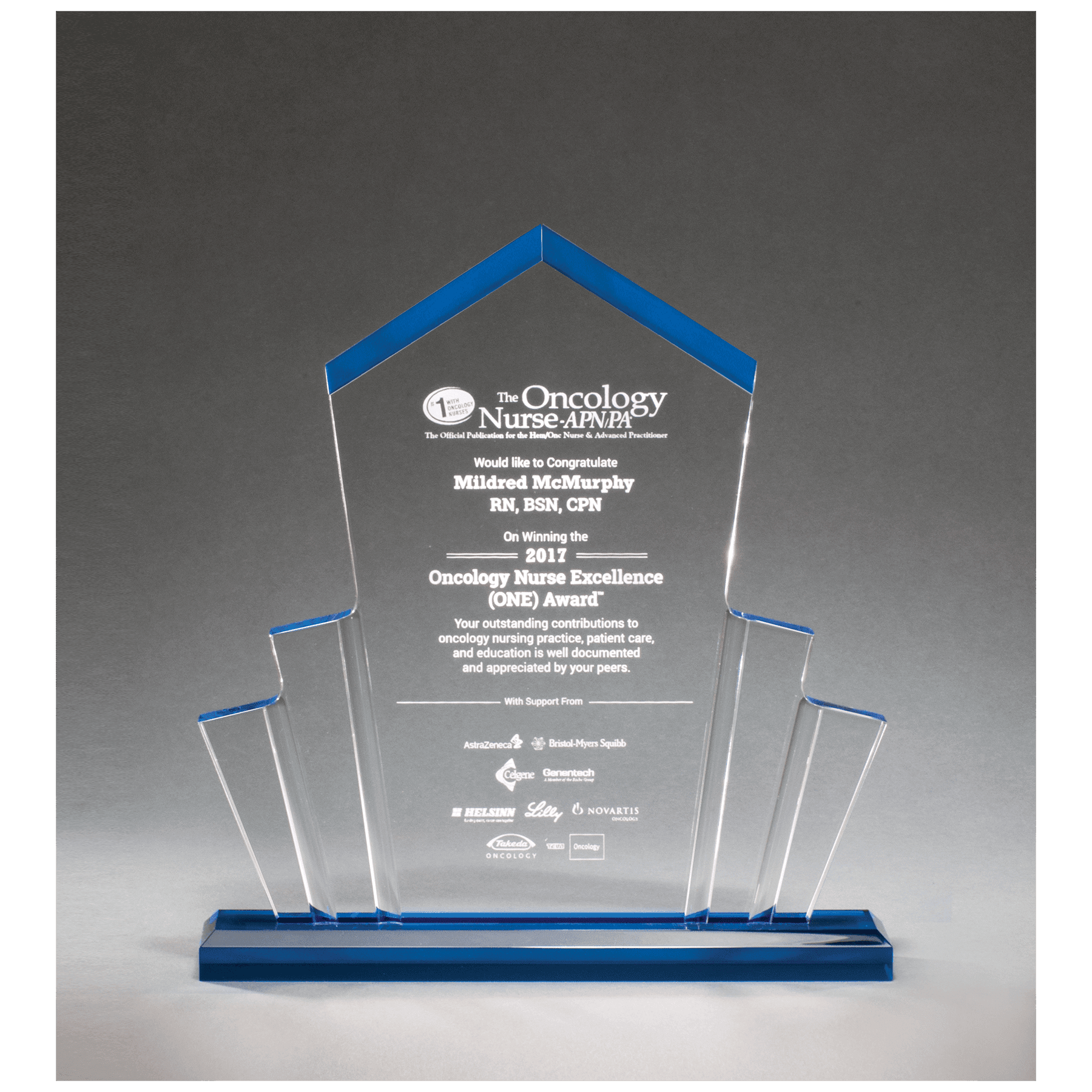 10" x 10 3/4" Large Tower Spotlight Clear Acrylic with Blue Accent on Blue Acrylic Base