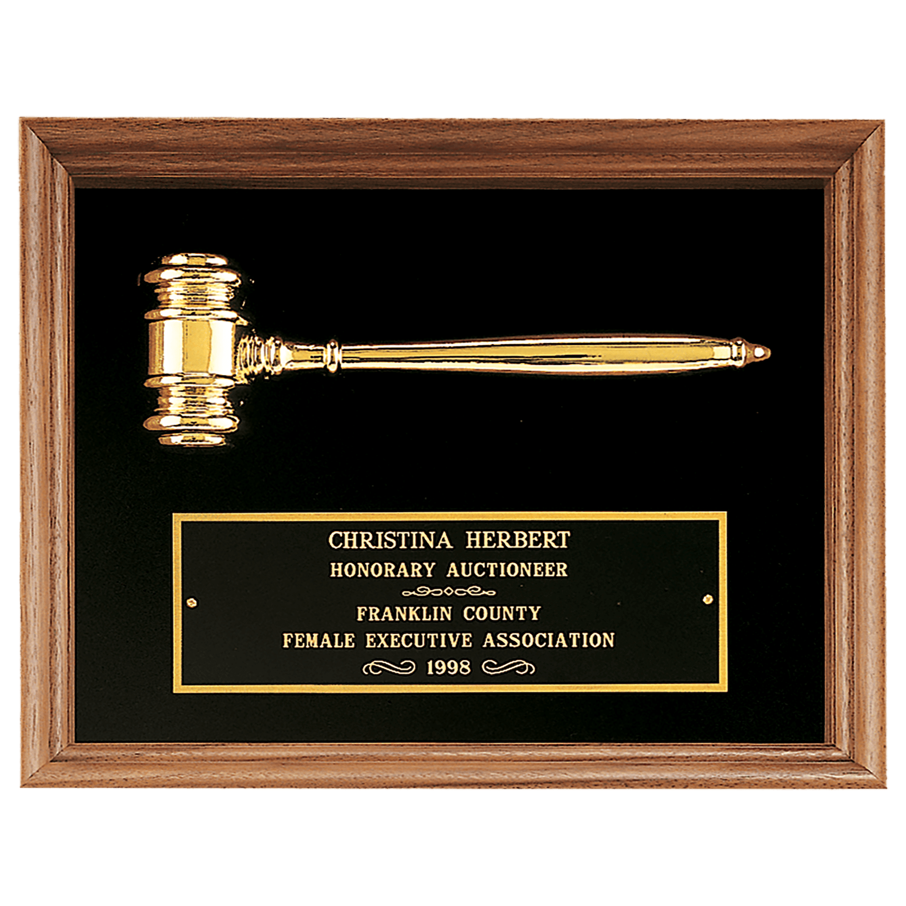 10" x 13" Gold Electrooplated Gavel in a Walnut Frame with Black Velour Background and Black Laserable Brass plate