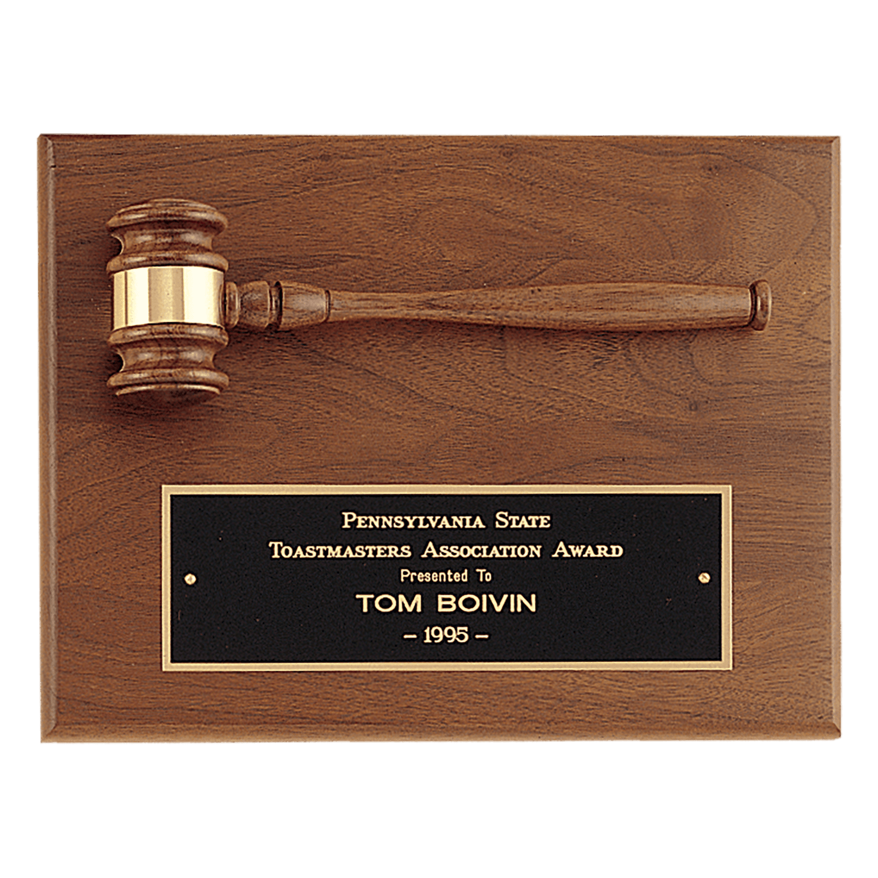 9" x 12" Solid Walnut Plaque with a Walnut Gavel, Gold Gavel Band and Black Laserable Brass Plate