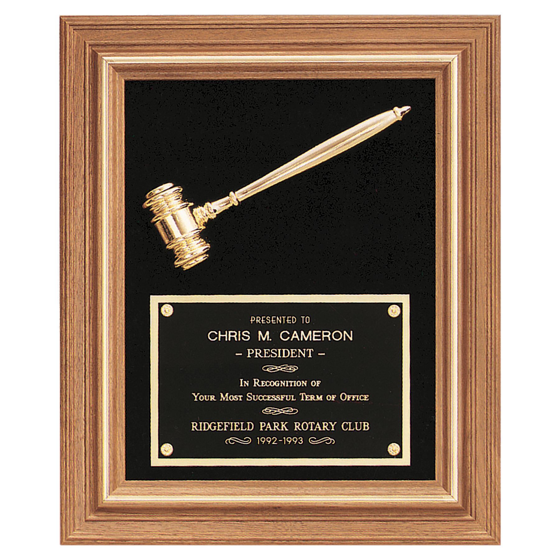 15" x 18" Gold Electroplated Gavel in a Walnut Frame with Black Velour Background and Black Laserable Brass Plate