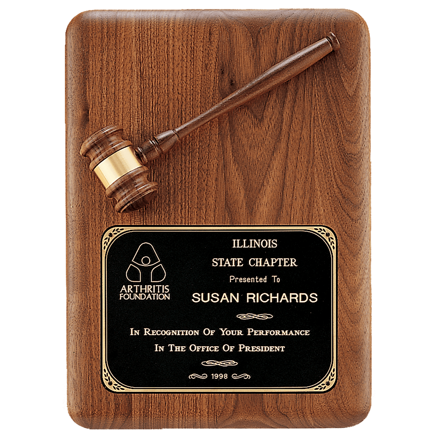 11" x 15" Walnut Plaque with Walnut Gavel, Gavel Band and Laserable Black Brass Plate