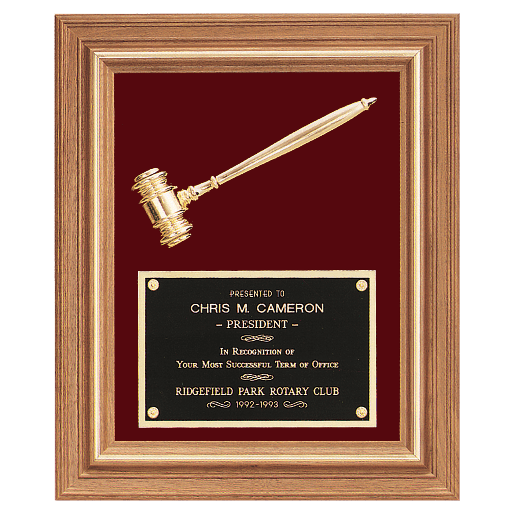 15" x 18" Gold Electroplated Gavel in a Walnut Frame with Maroon Velour Background and Black Laserable Brass Plate