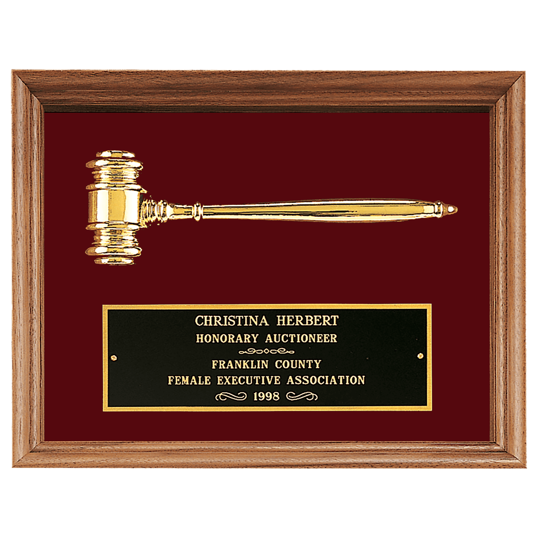 10" x 13" Gold Electroplated Gavel in a Walnut Frame with Maroon Velour Background and Black Laserable Brass Plate