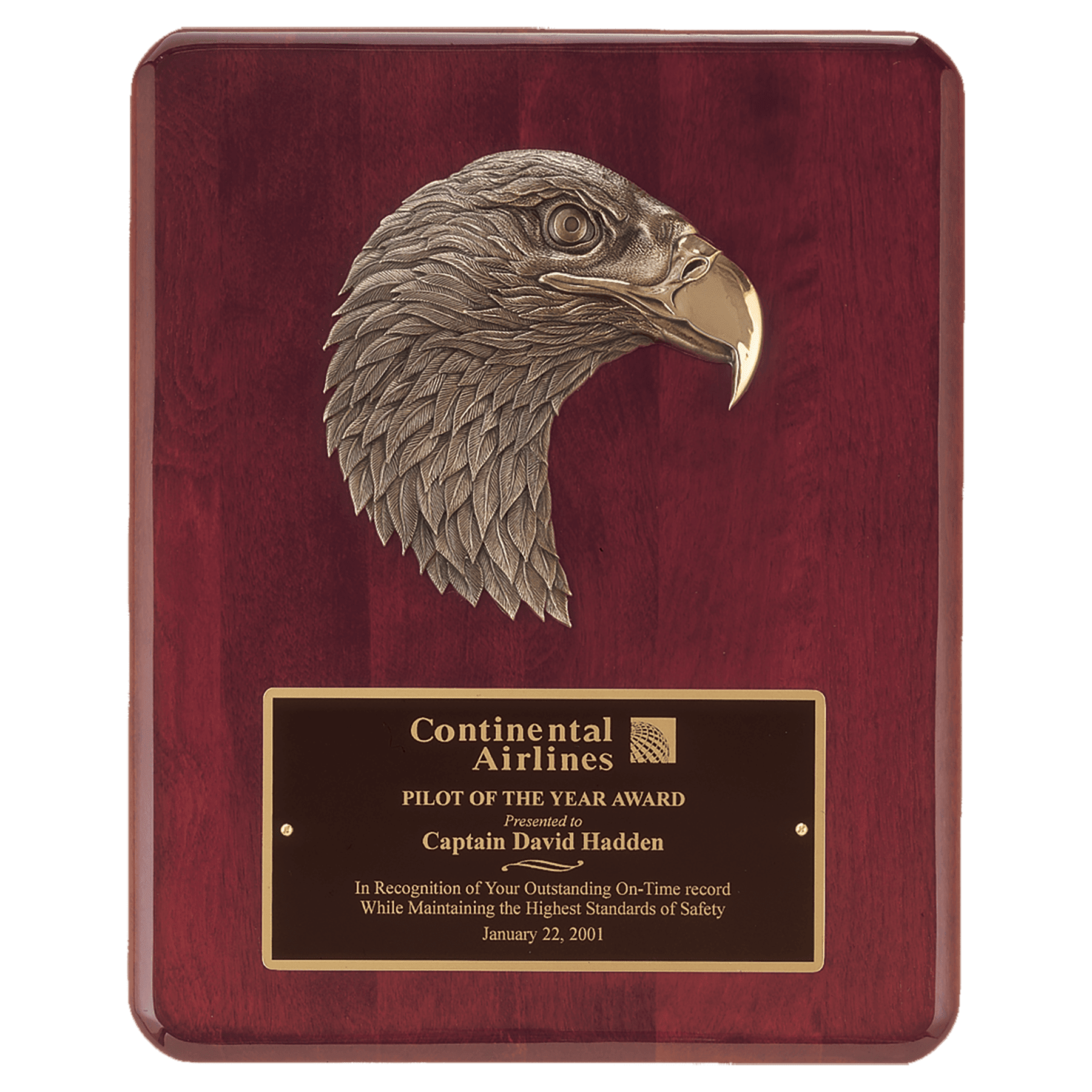 8" X 10 1/2" Rosewood Piano Finish Plaque with Finely Detailed Bronze Eagle Head Casting with Black Laserable Brass Plate