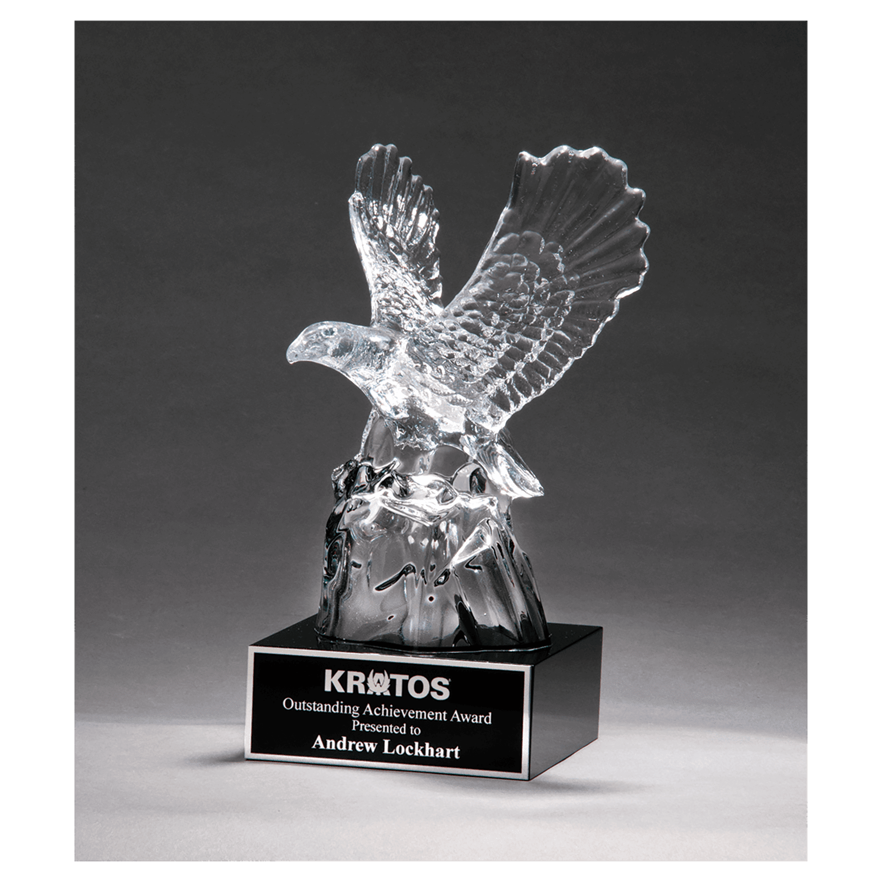 4 1/2" x 9 1/2" Beautiful Carved Crystal Eagle on a Black Crystal Base with Black Laserable Aluminum Plate