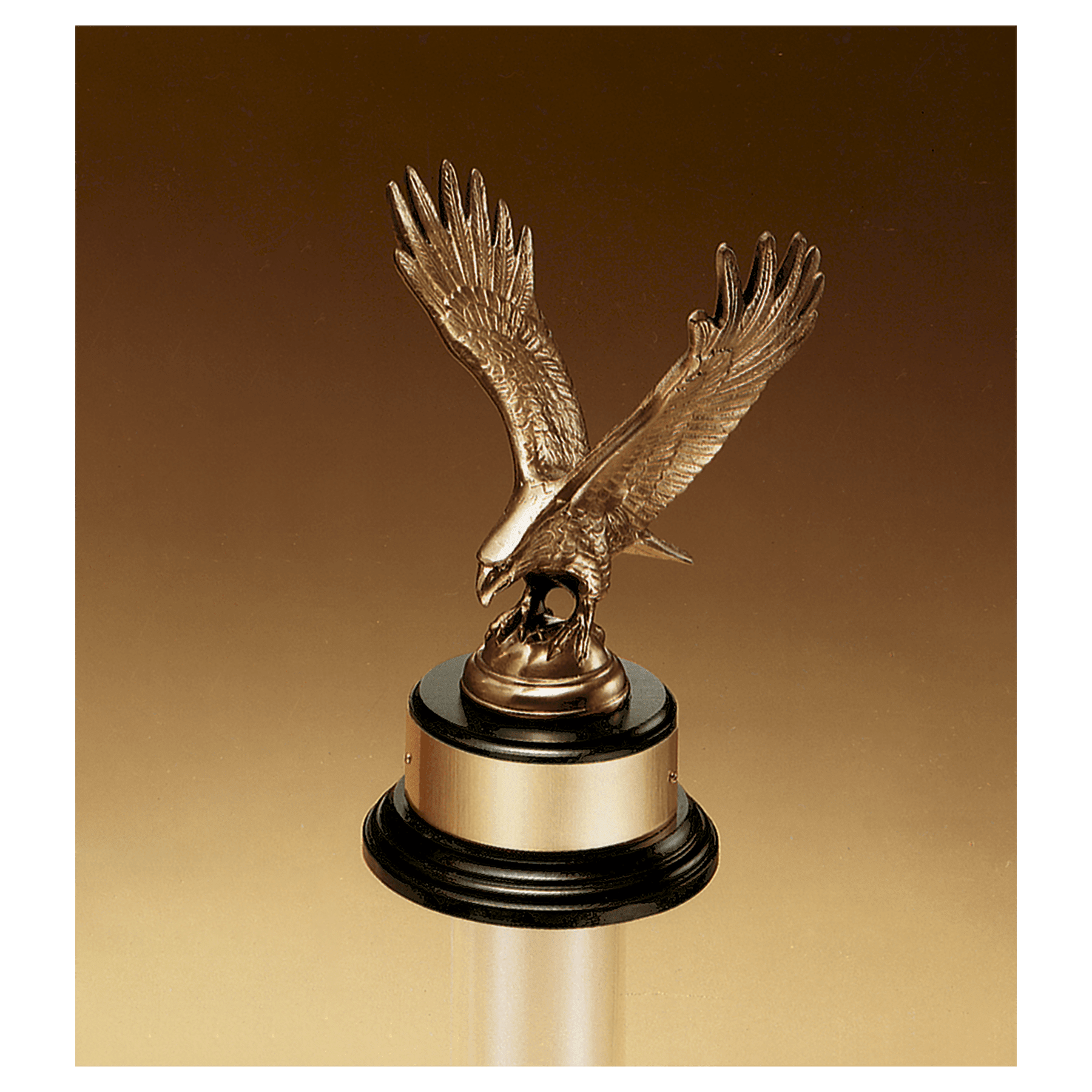 9" Fully Modeled Antique Bronze Eagle Casting on a Black Piano Finish Base with Gold Flex-Brass Plate