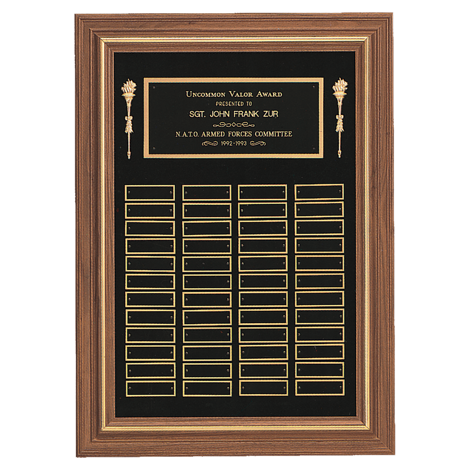 18" x 25"/Plates 7/8" x 2 3/4" American Walnut 36 Plate Perpetual Plaque with Black Brass Plates