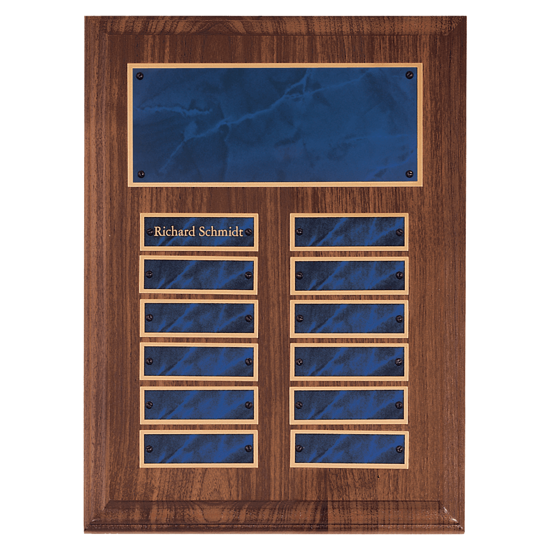 9" x 12" American Walnut 12 Plate Perpetual Plaque with Sapphire Marble Brass Plates