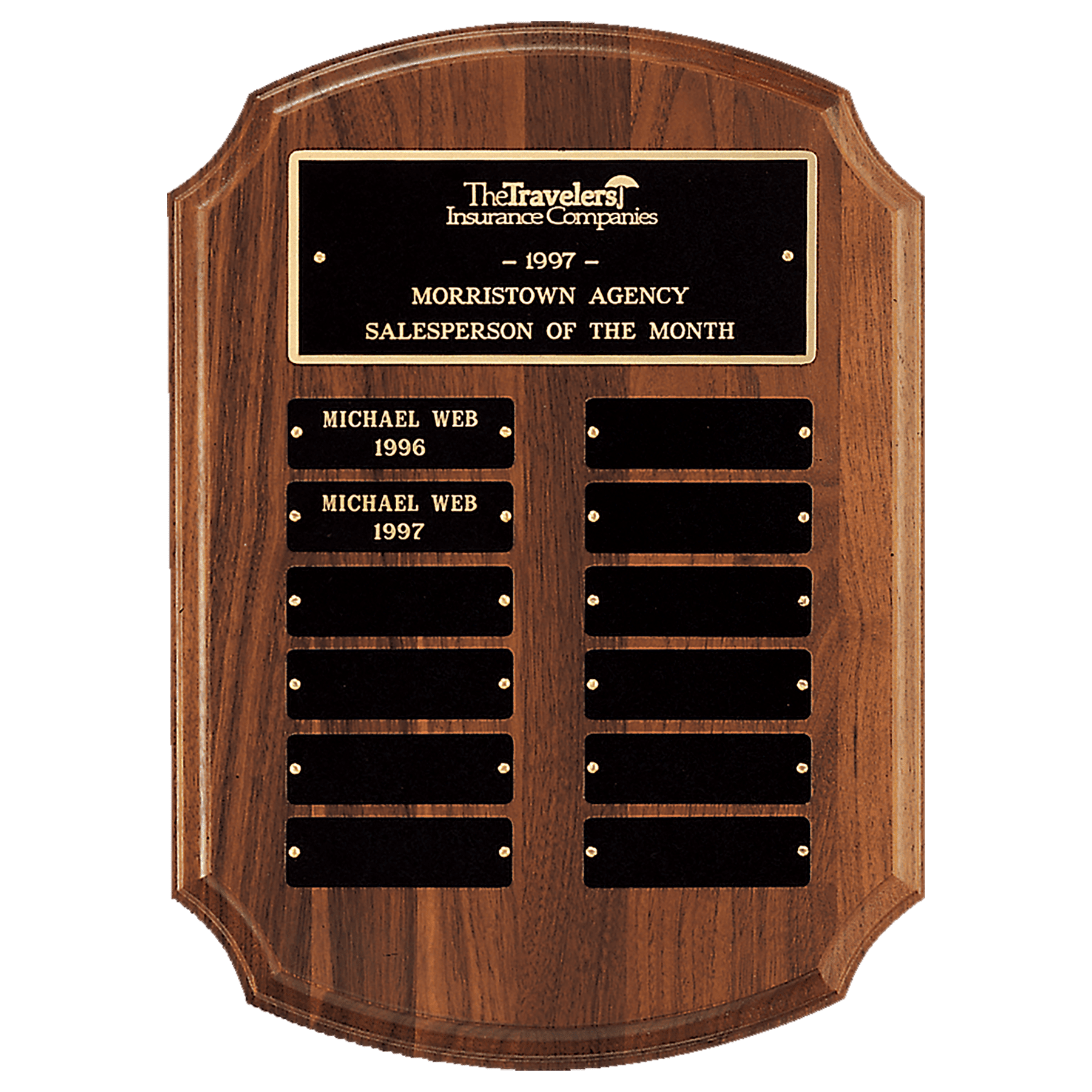 11" x 15" American Walnut 12 Plate Perpetual Plaque with Black Brass Plates