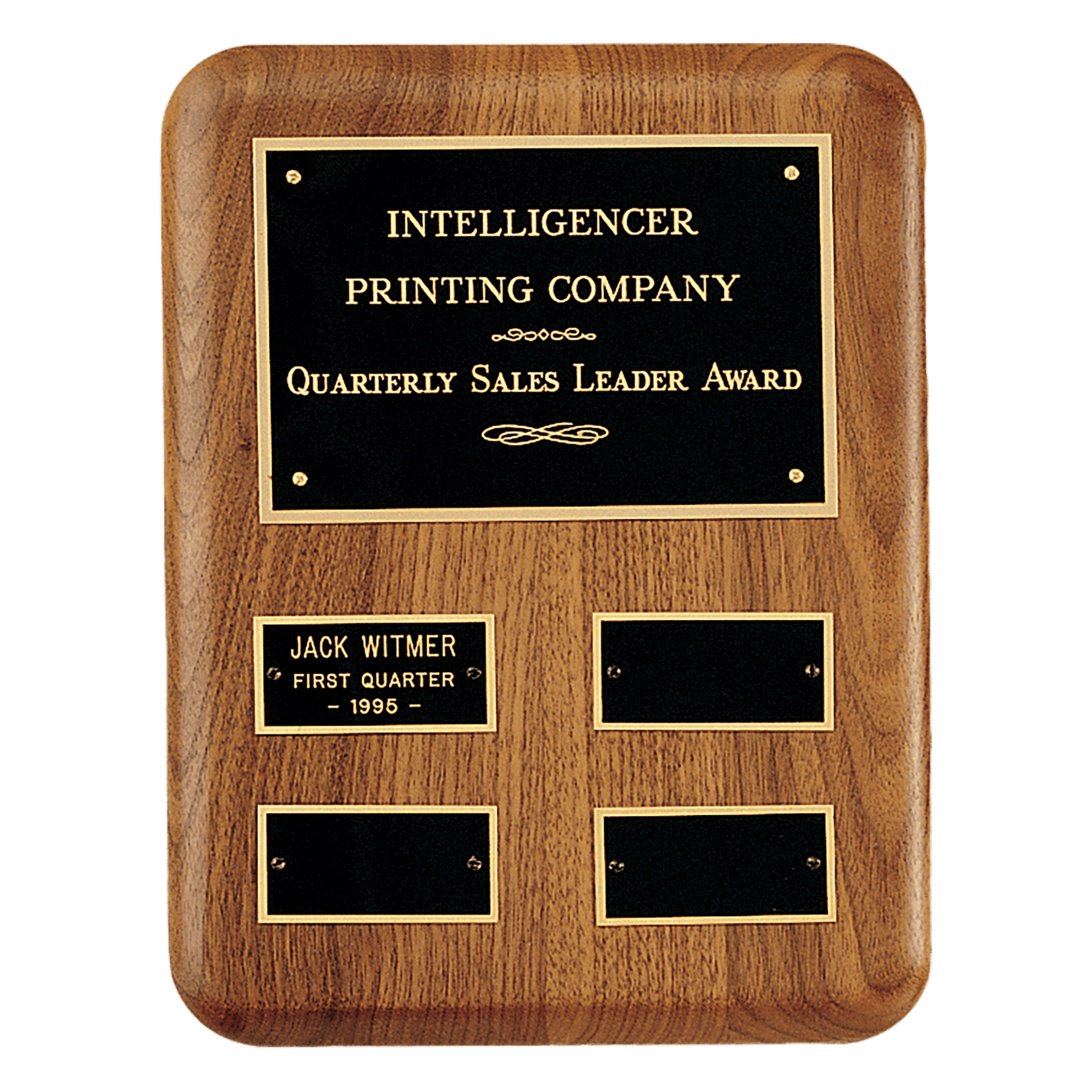 8" x 10 1/2"/Plates 1 1/4" x 2 1/2" American Walnut AirFlyte Edge Quarterly Award Perpetual Plaque wth Black Brass Plates
