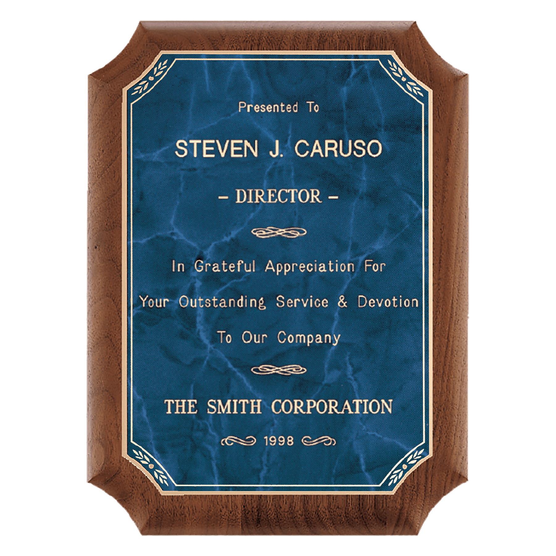 9" x 12" American Walnut Plaque with Gold Border Sapphire Marble LaserFX Plate