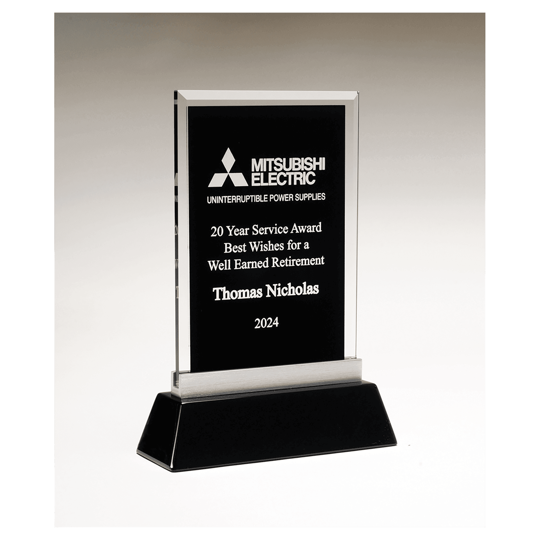 6 1/4" x 8 7/8" Rectangular Black Silkscreened Glass Award with Black Piano Finish Base