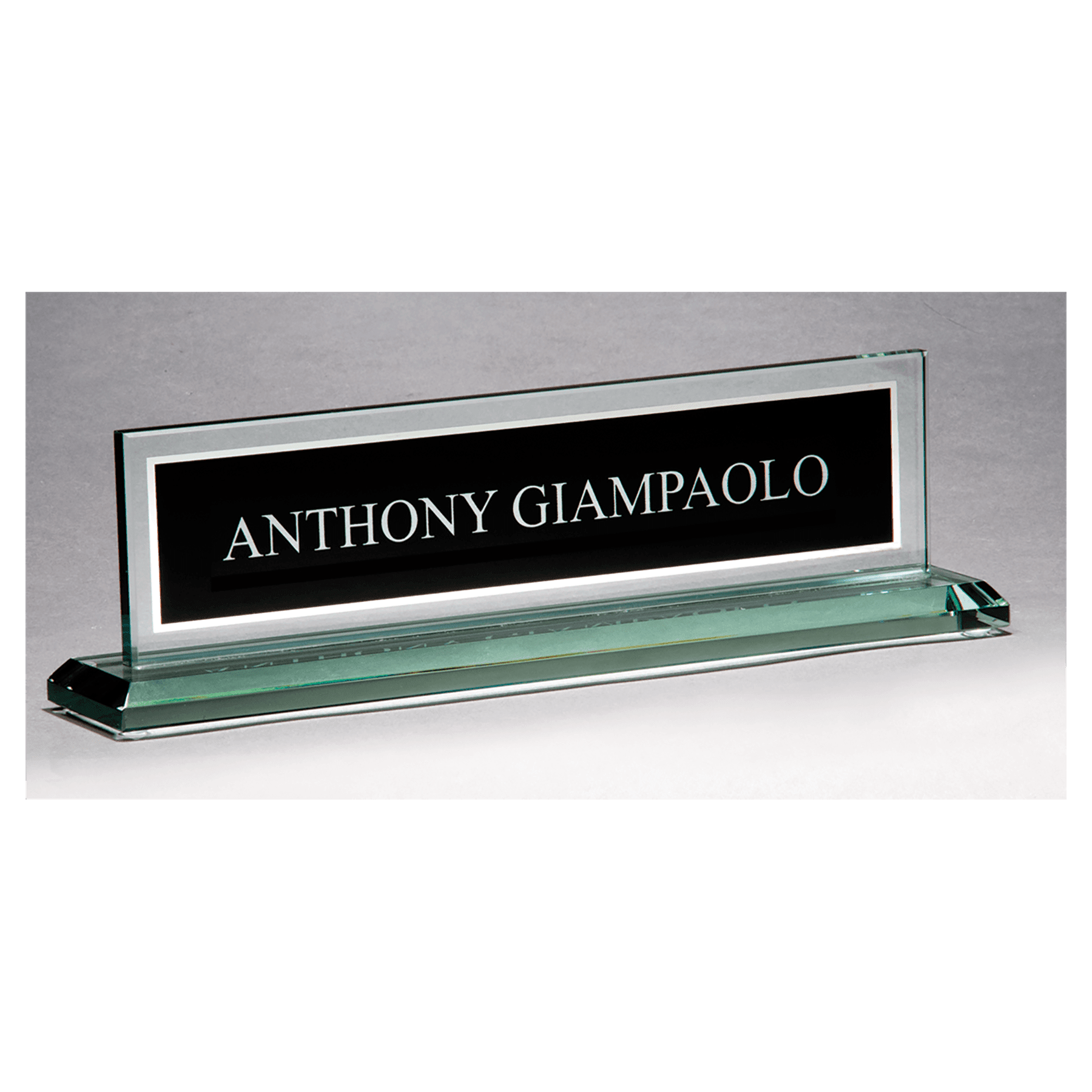 10" x 2 3/4" Glass Name Plate w/Black Silkscreened Engraving Area, Mirror  Border