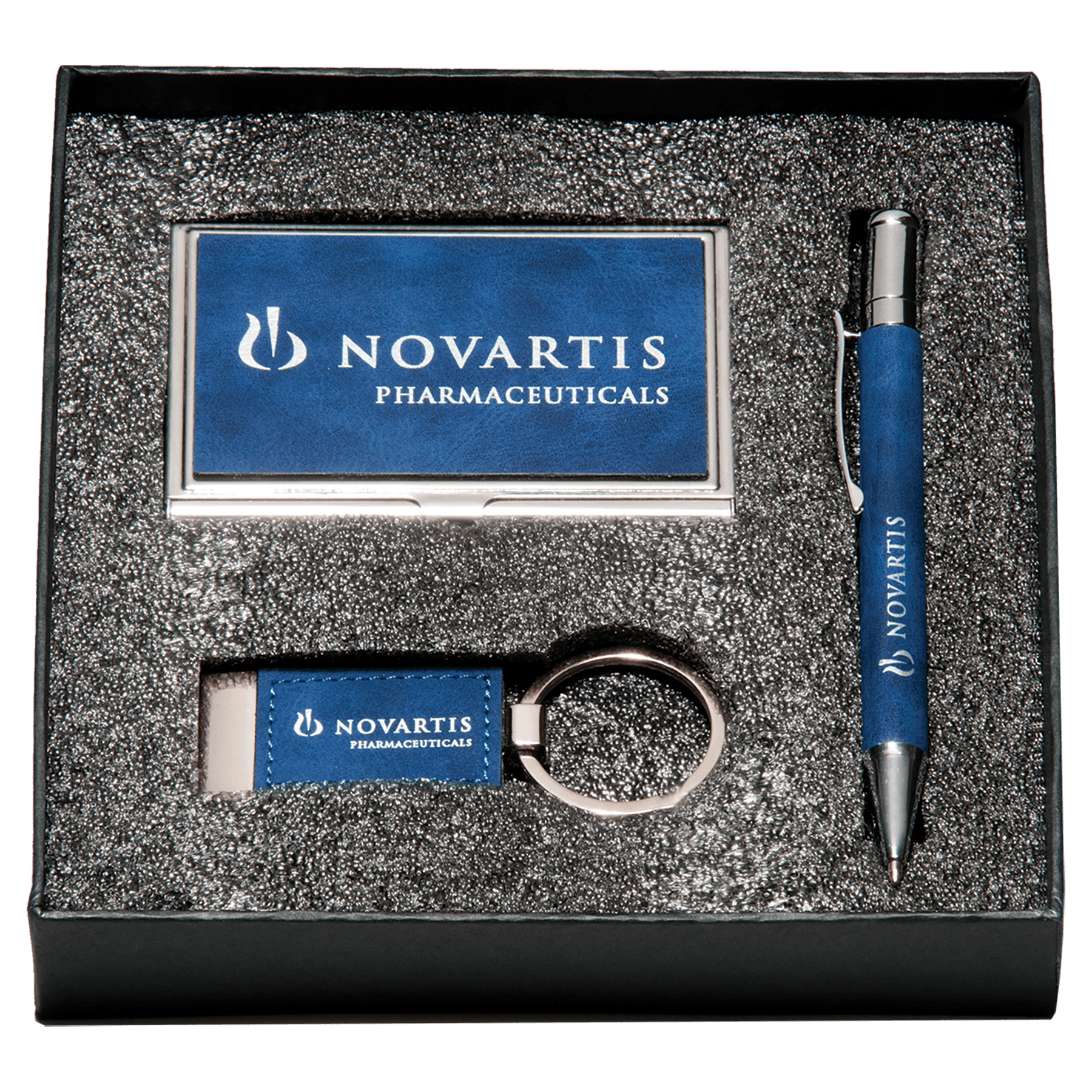 Blue Marbleized Leather Gift Set/Pen, Keychain, Business Card Holder