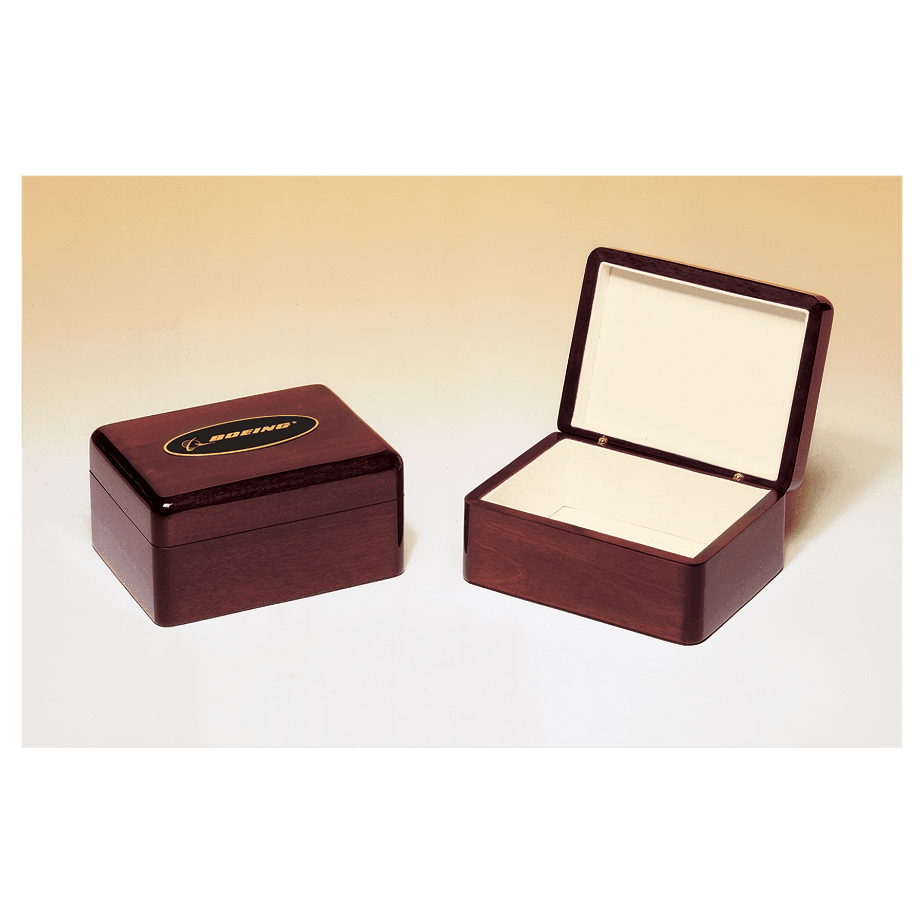 5 5/8" x 4 3/8" Rosewood Piano Finish Jewelry Box with Beige Felt Lining and Laserable Black Brass Plate