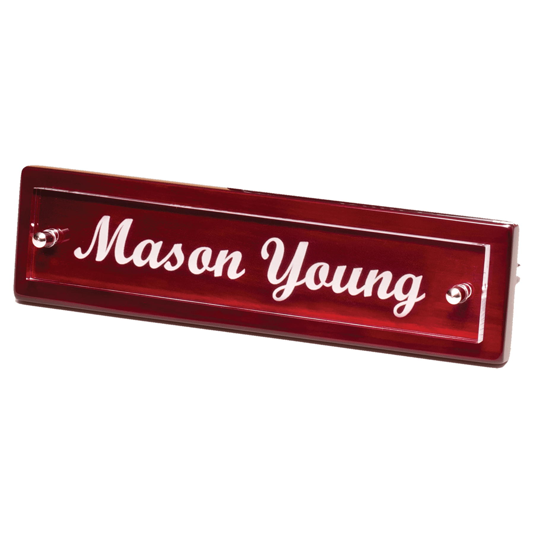 9 1/4" x 2 1/8" Rosewood Piano Finish Nameplate with Acrylic Engraving Plate, Two Silver Posts
