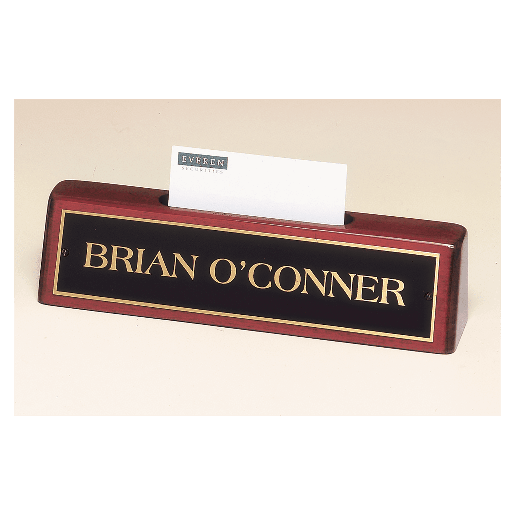 8 1/4" x 2" x 1 1/4" Rosewood Piano Finish Nameplate with Business Card Holder with Black Plate