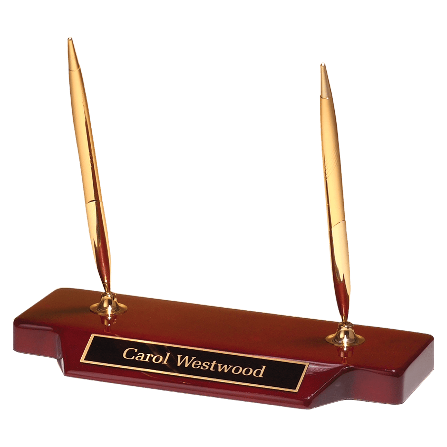 3 3/4" x 9" Double Gold-Tone Pen Set on Rosewood Piano Finish Base with Black Brass Plate