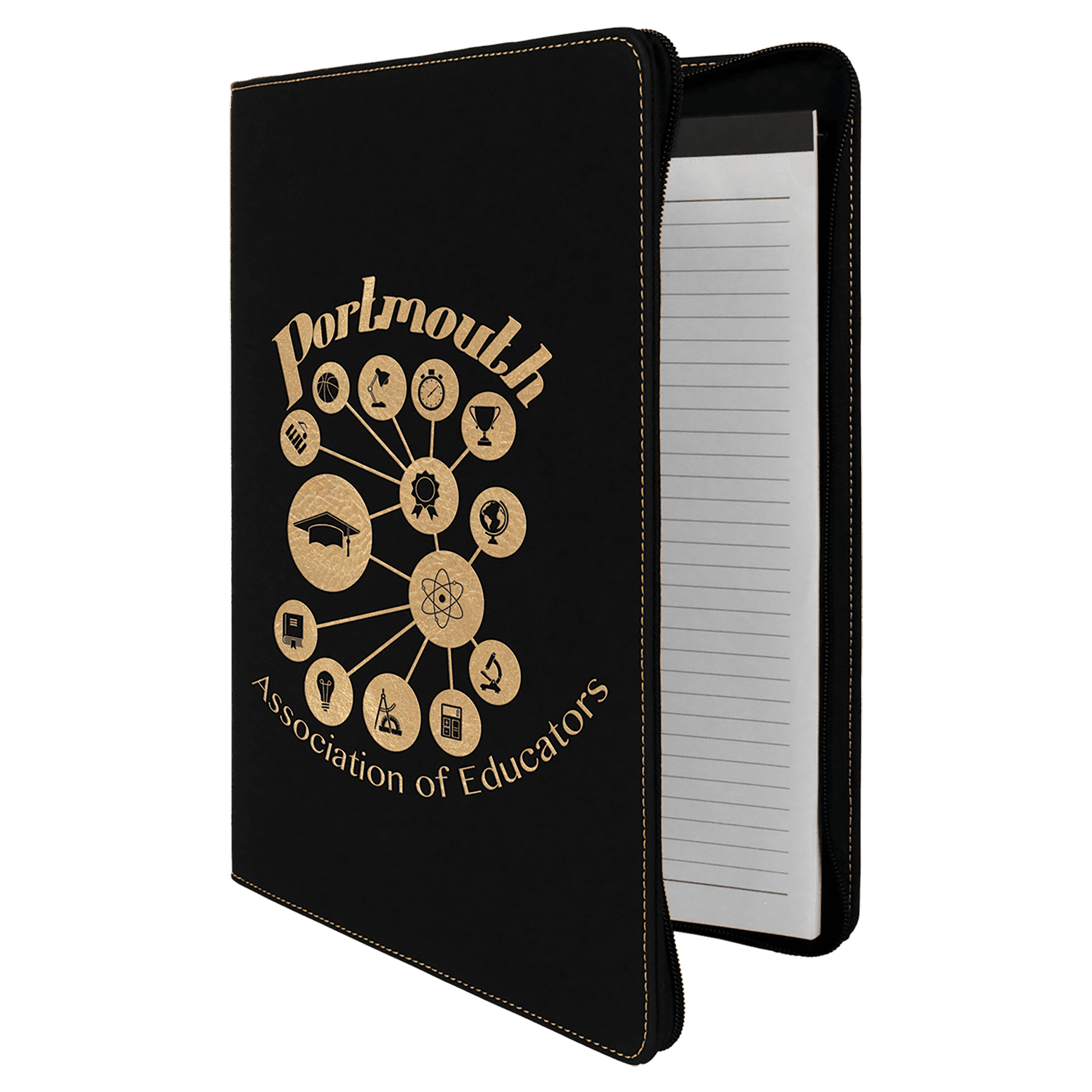 9 1/2" x 12" Black/Gold with Zipper Laserable Leatherette Portfolio with Notepad