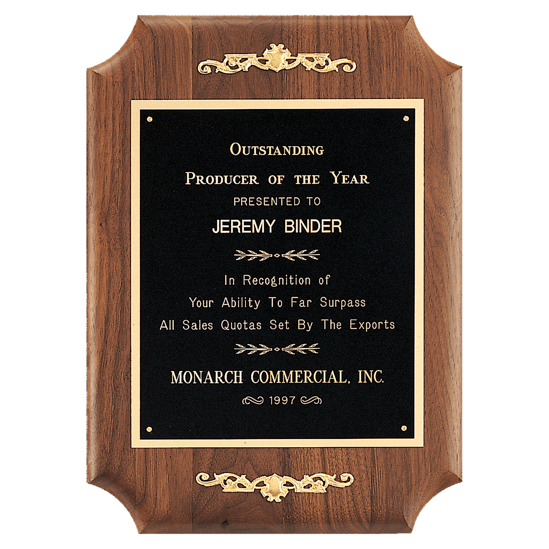 9" x 12" American Walnut Scalloped Corner Plaque with  Gold Scrolls and Go ld Border Black Laser Engravable Plate