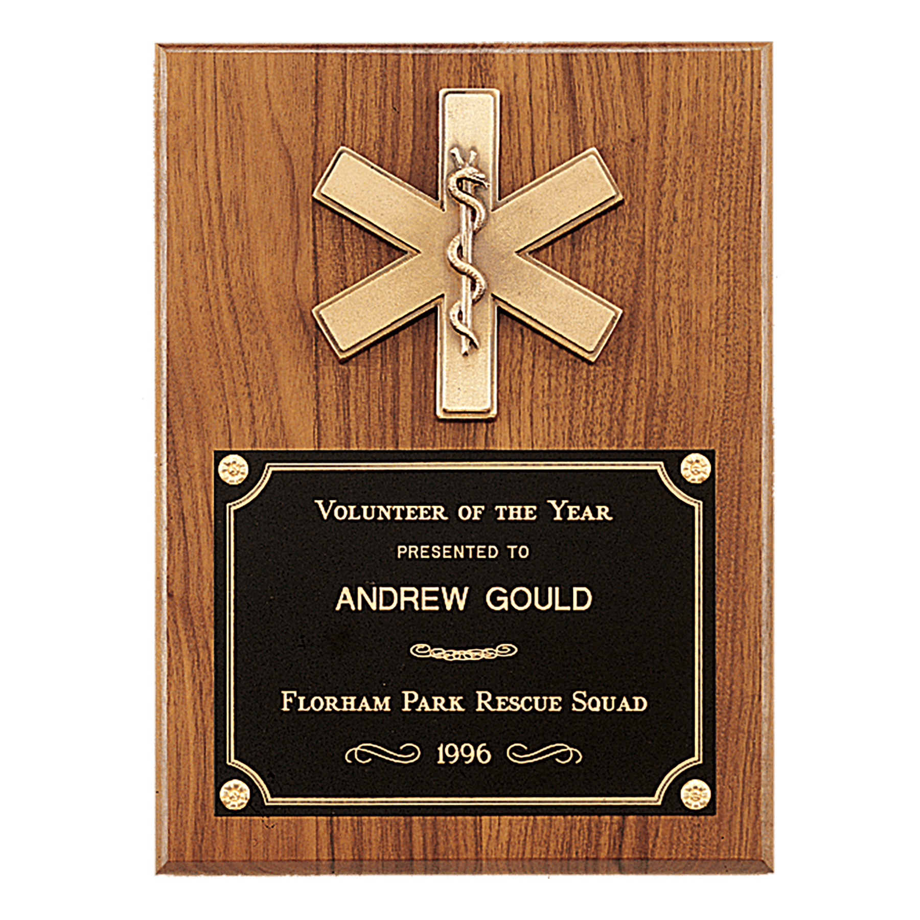9" x 12" Walnut Plaque with Gold EMT Star of Life and Black Brass Plate