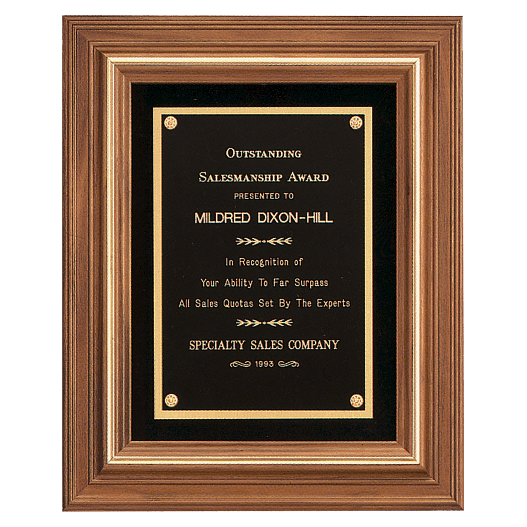13" x 16" American Walnut Framed Plaque w/Gold Trim & Black Velour Back, Black Brass Plate