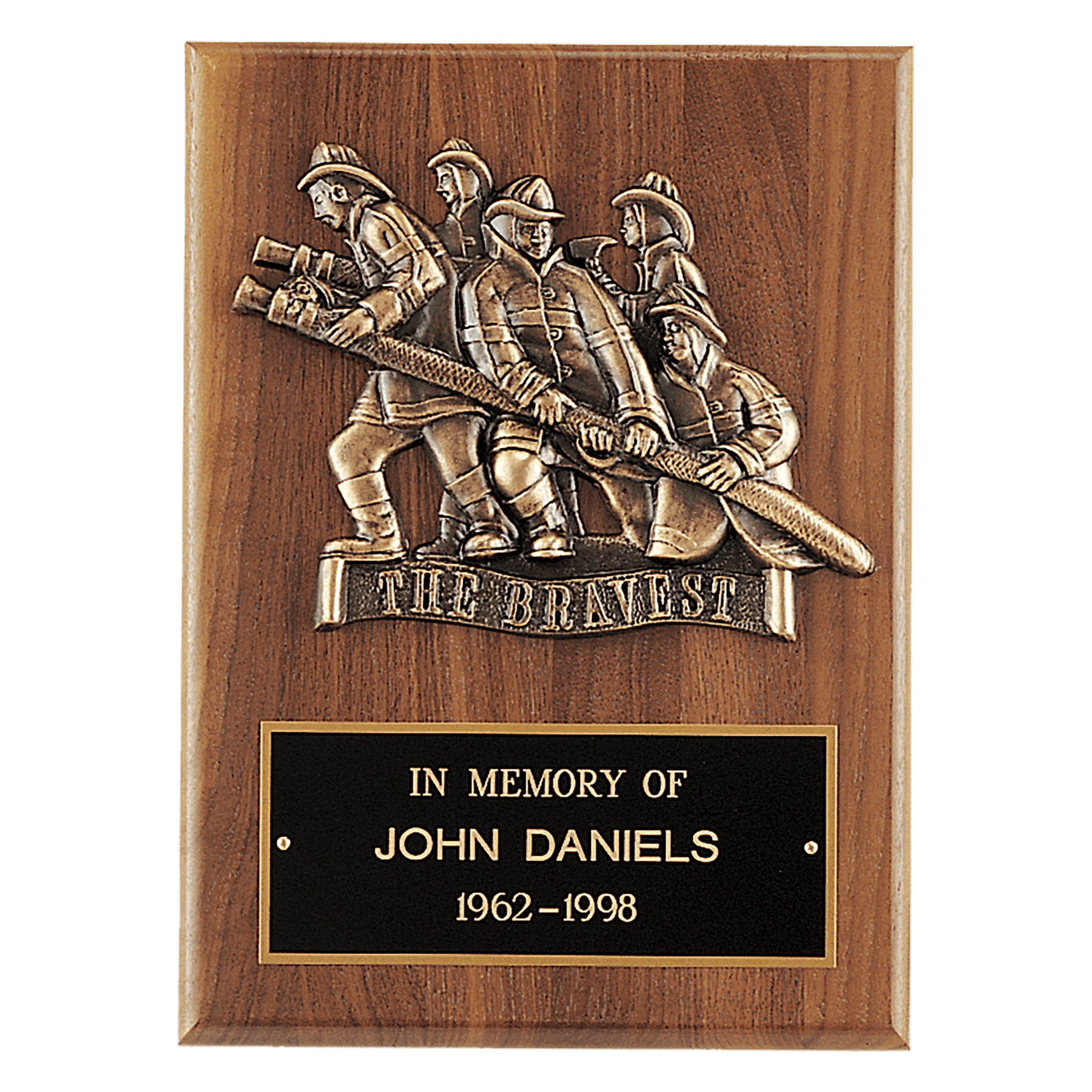 9" x 12" American Walnut Plaque, Bronze Cast Fire Department "Bravest" with Black Brass Plate