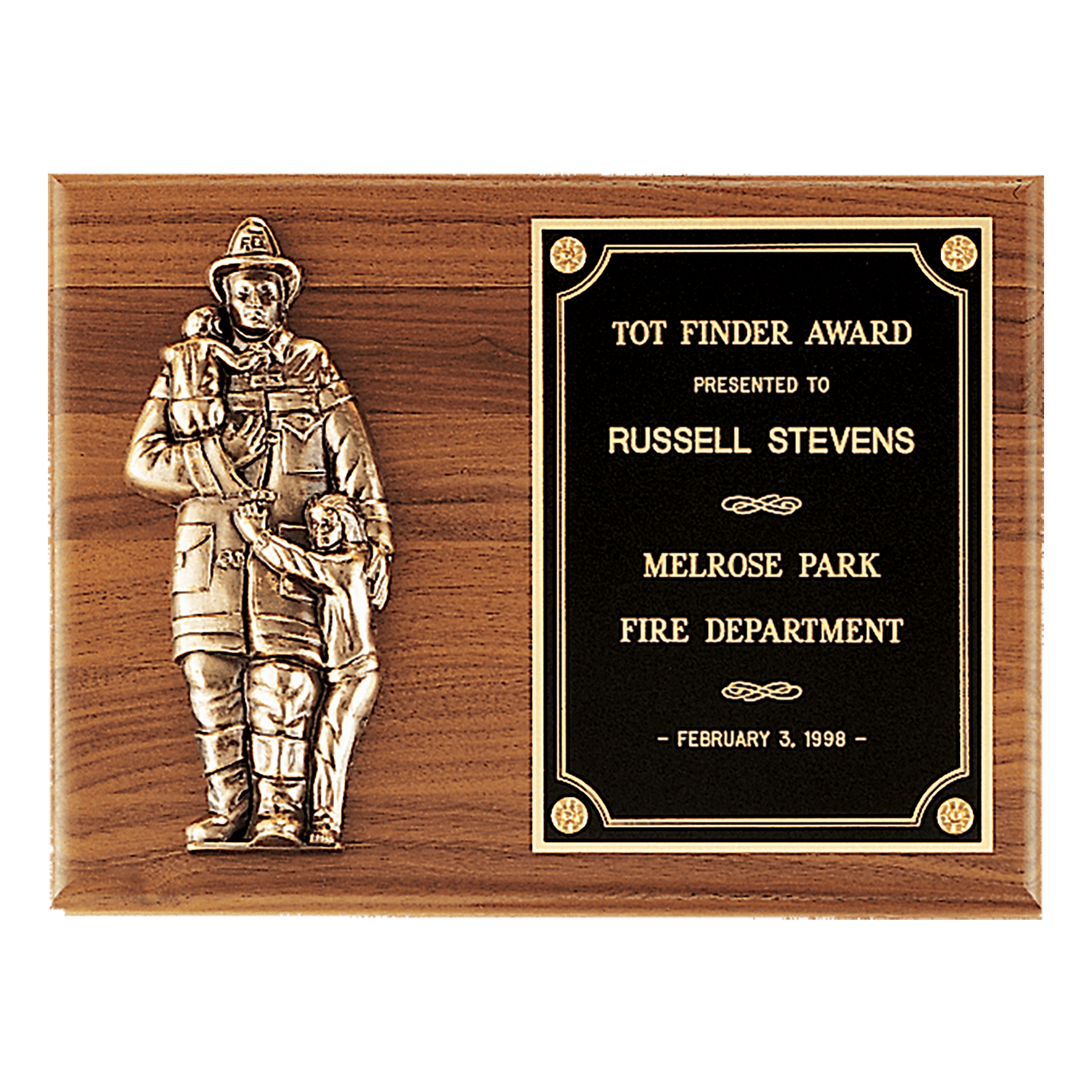 9" x 12" American Walnut Plaque with Firefighter Relief and Black Brass Plate