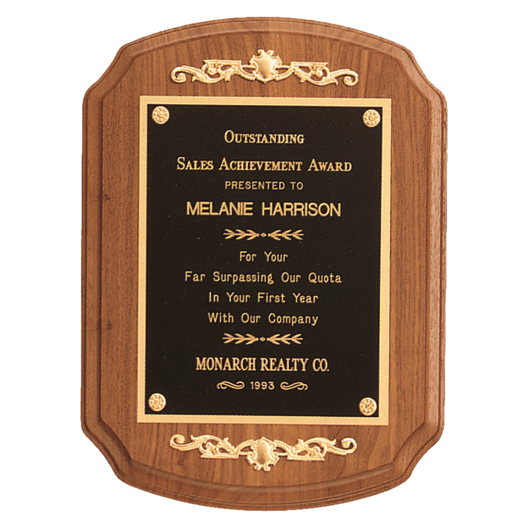 9" x 12" American Walnut Rounded, Scalloped Corner Plaque with Decorative Gold Scrolls and a Gold Border Black Laser Engravable Plate