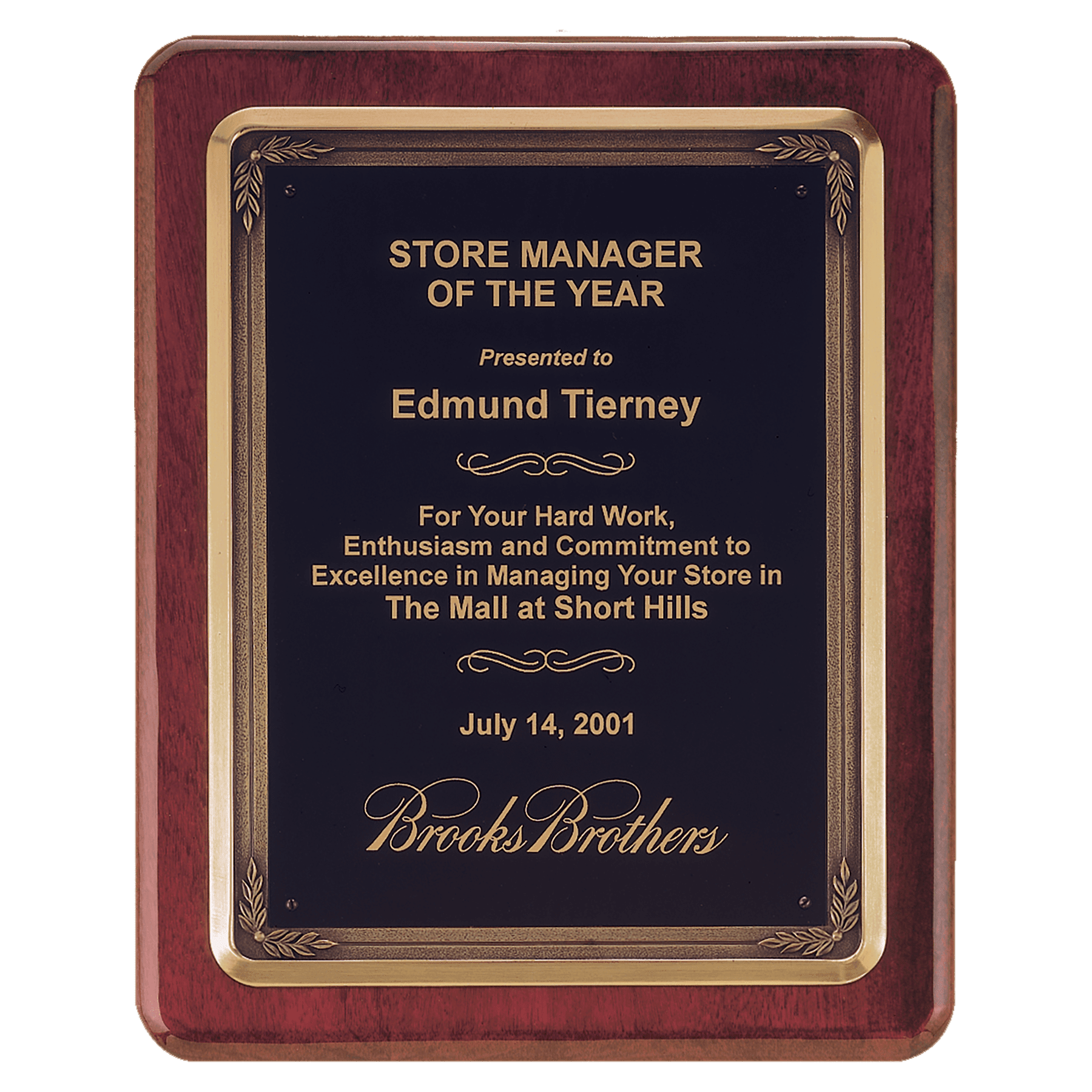 10 1/2" x 13" Rosewood Piano Finish Plaque w/Bronze Finish Cast Frame and Black Brass Plate