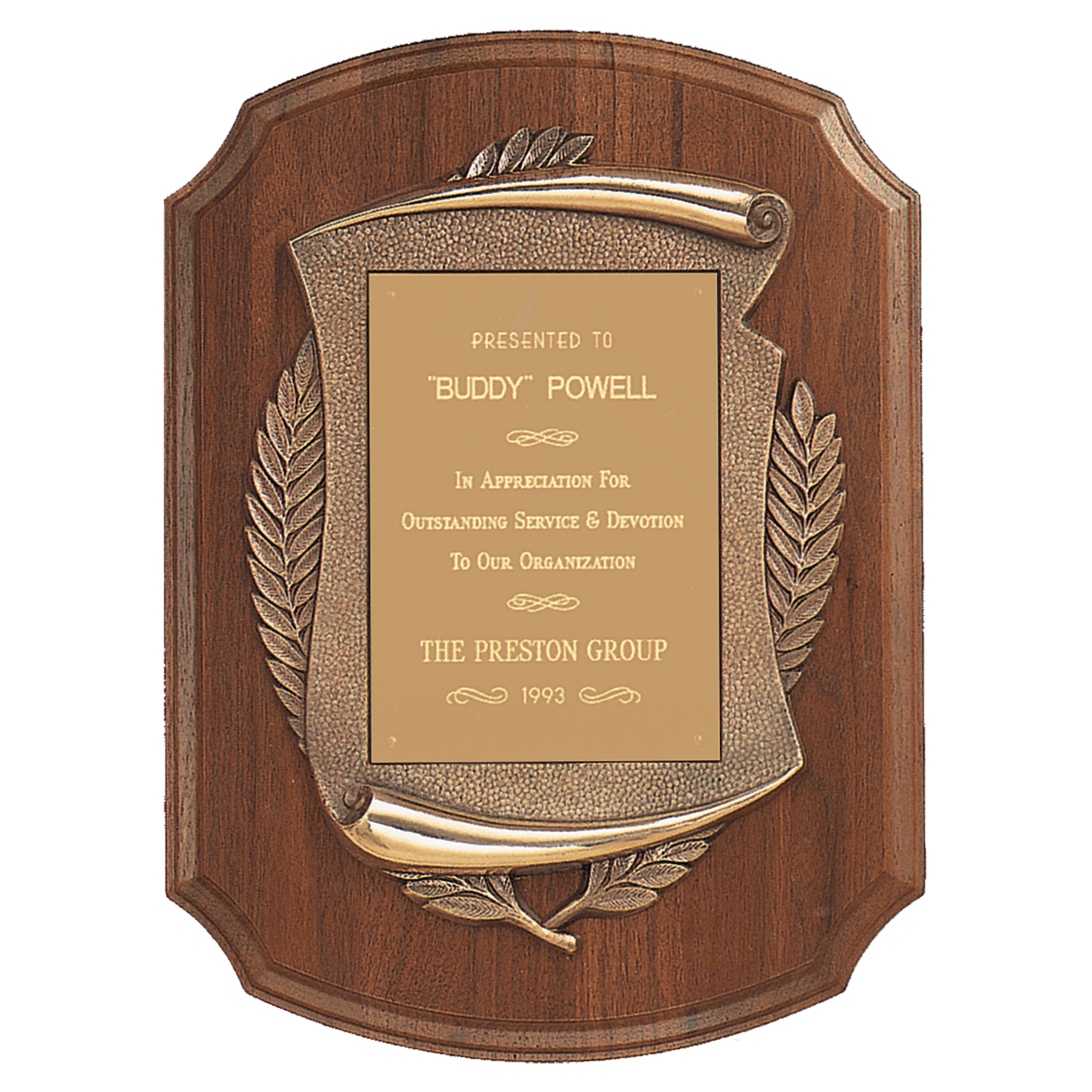 11" x 15" American Walnut Notch Corner Plaque w/Antique Bronze Scroll/Brushed Brass Plate