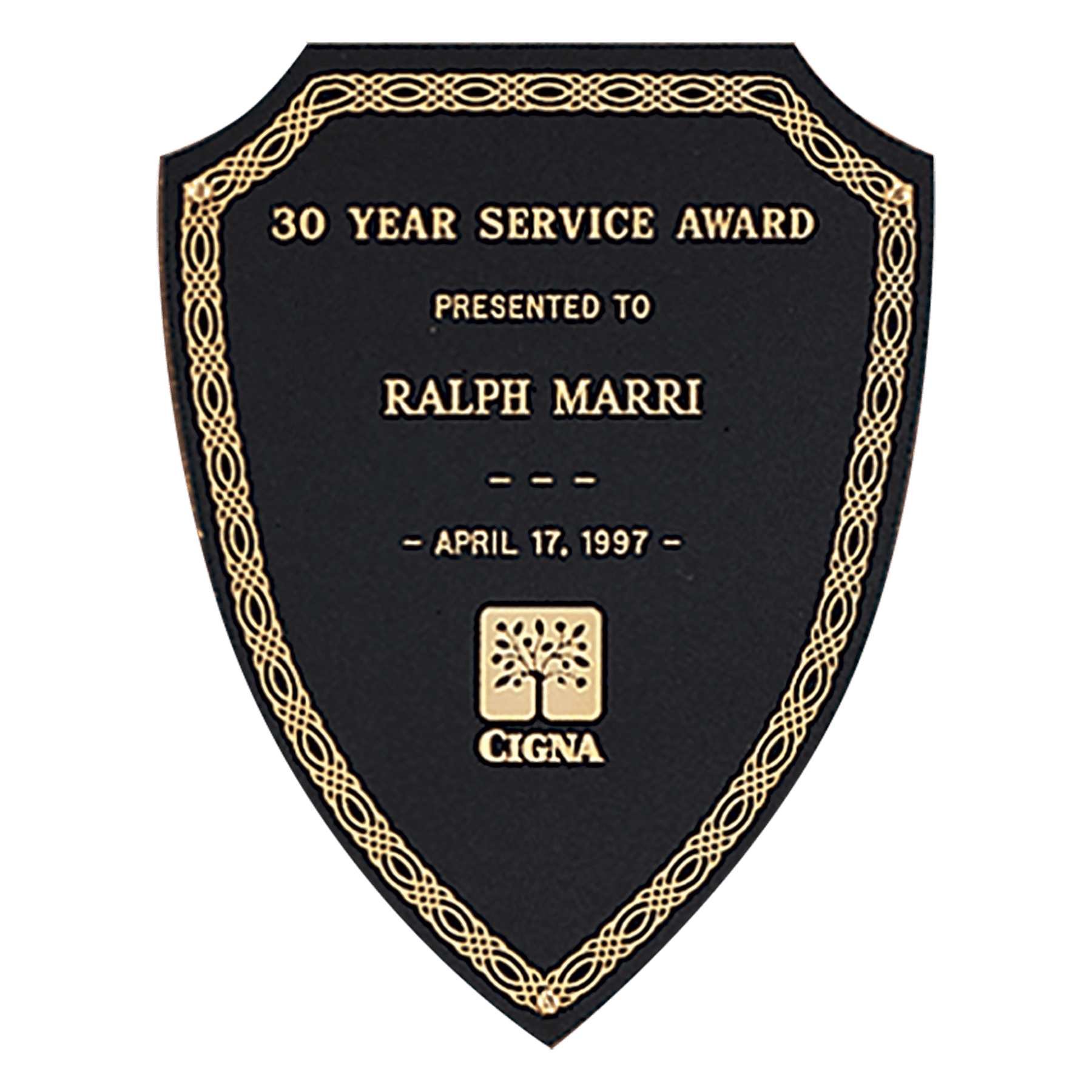 7 1/2" x 9 3/4" Black Laserable Brass Shield Plate with Gold Design Border and Three Holes   (Fits P36)