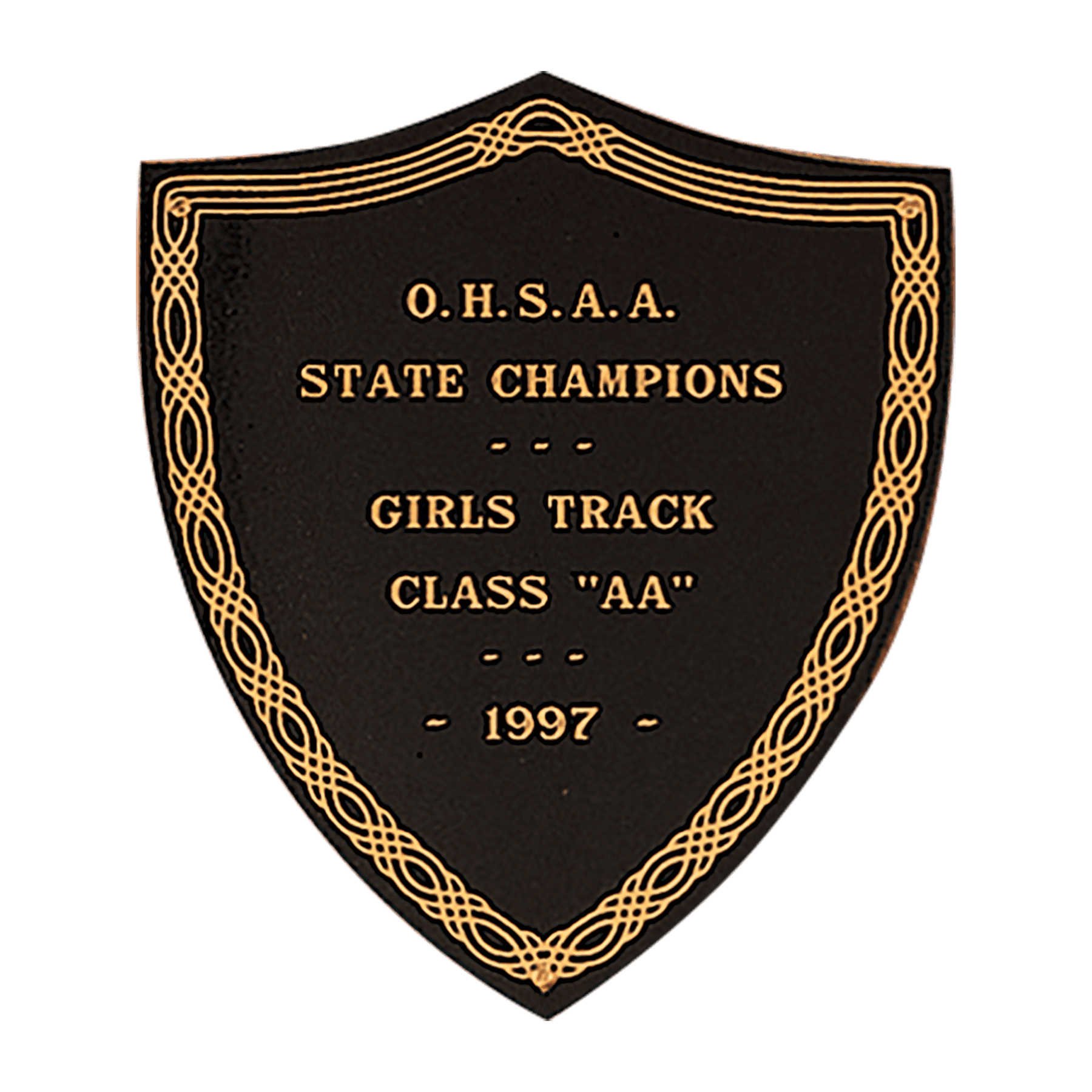 5 1/2" x 6" Laserable Black Brass Shield Plate with Gold Design Border and Three Holes