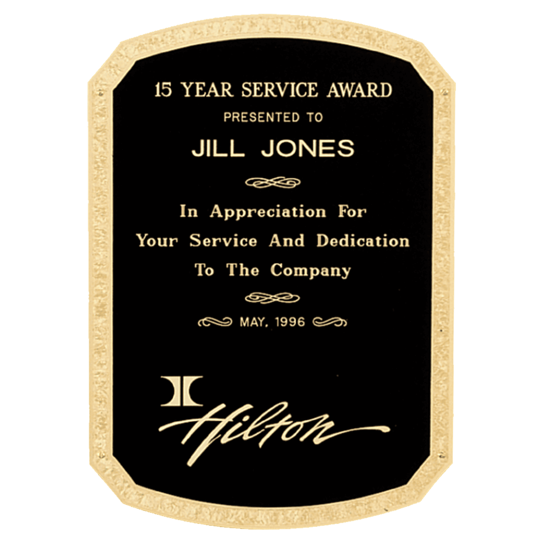 5 5/8" x 6 5/8" Brass Plated Steel Black Textured Clipped Corner Top and Bottom Radius Plate with Gold Florentine Border