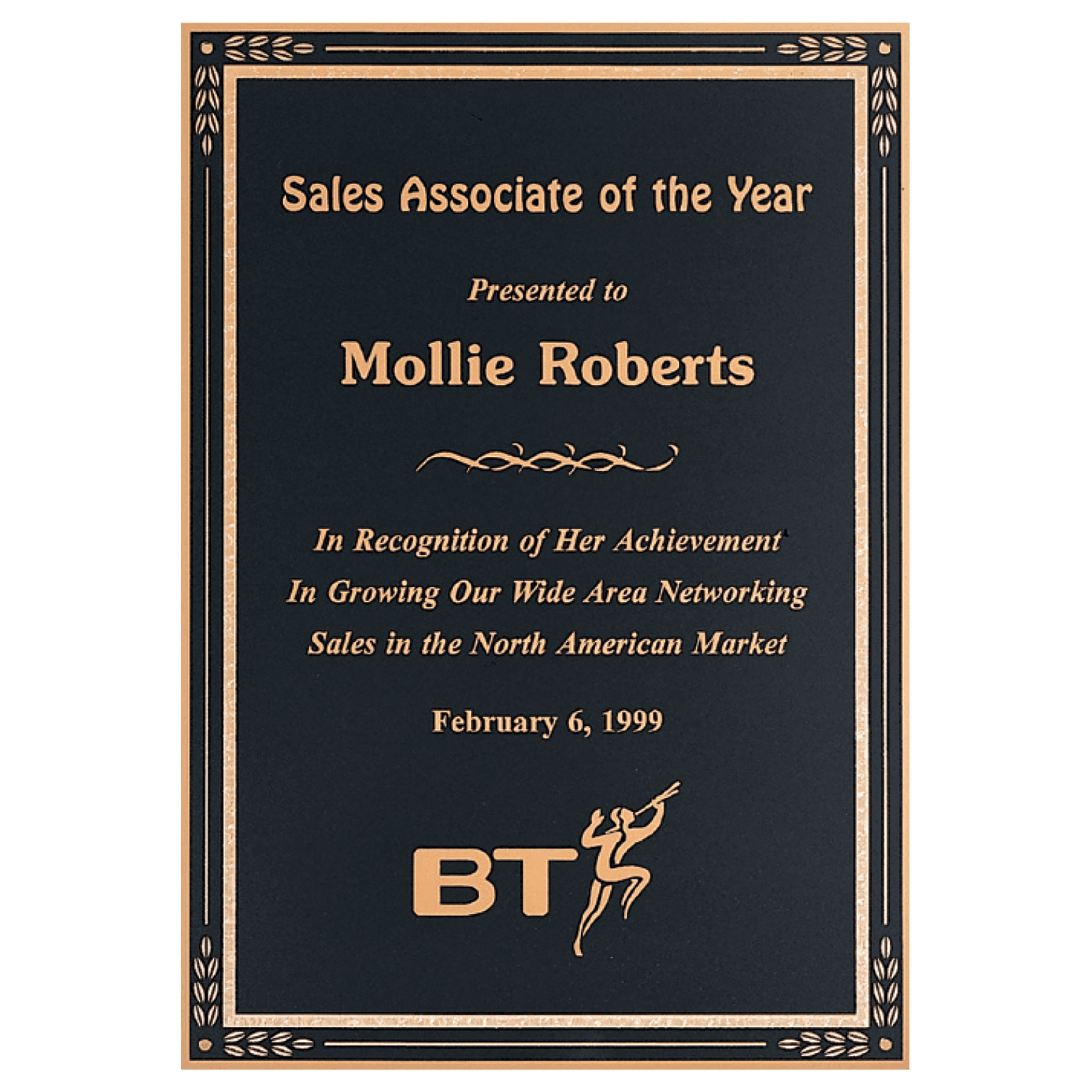 6" x 8" Laser Engravable Brass Plated Steel Black Plate with Gold Leaf Corner and Florentine Design Border, Four Holes